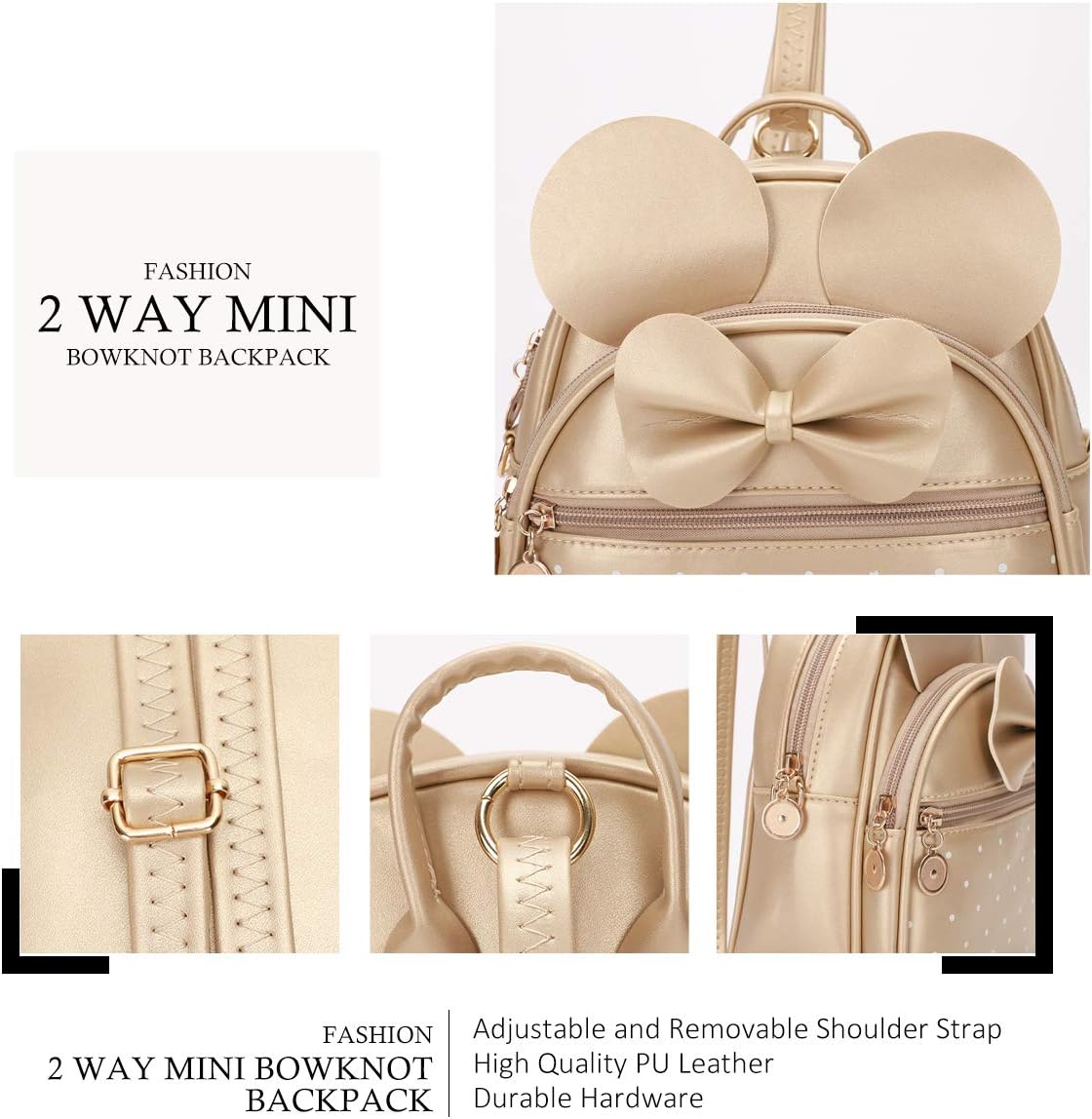 KL928 Girls Mini Backpack Bowknot Polka Dot Cute Small Daypacks Convertible Shoulder Bag Purse for Women - Image 3