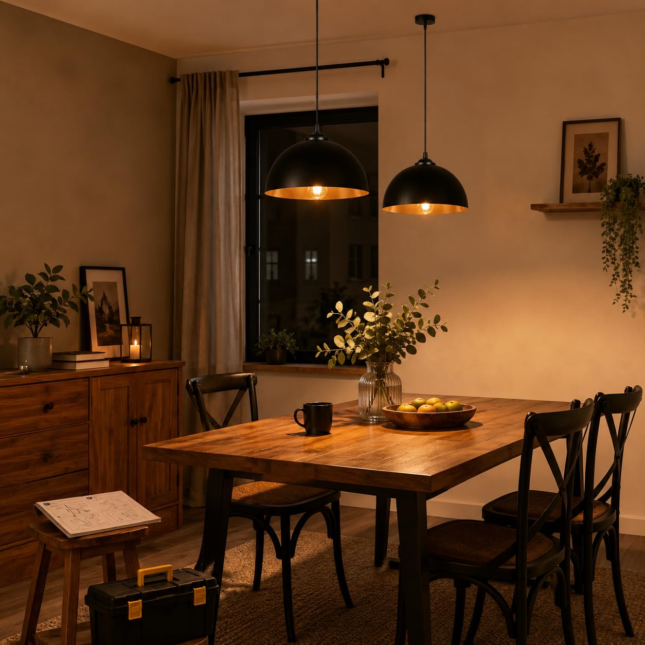 Set di 4 lampade a sospensione in metallo nero e oro, vintage, E27, diametro 30 cm, lampada a sospensione con cavo regolabile, lampada per tavolo da pranzo, cucina, soggiorno, sala da pranzo