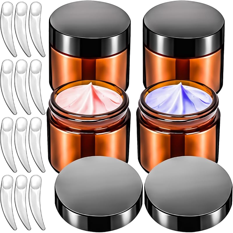 MotBach Conjunto com 4 frascos de vidro âmbar de 60 mL com tampas, revestimentos internos e espátulas