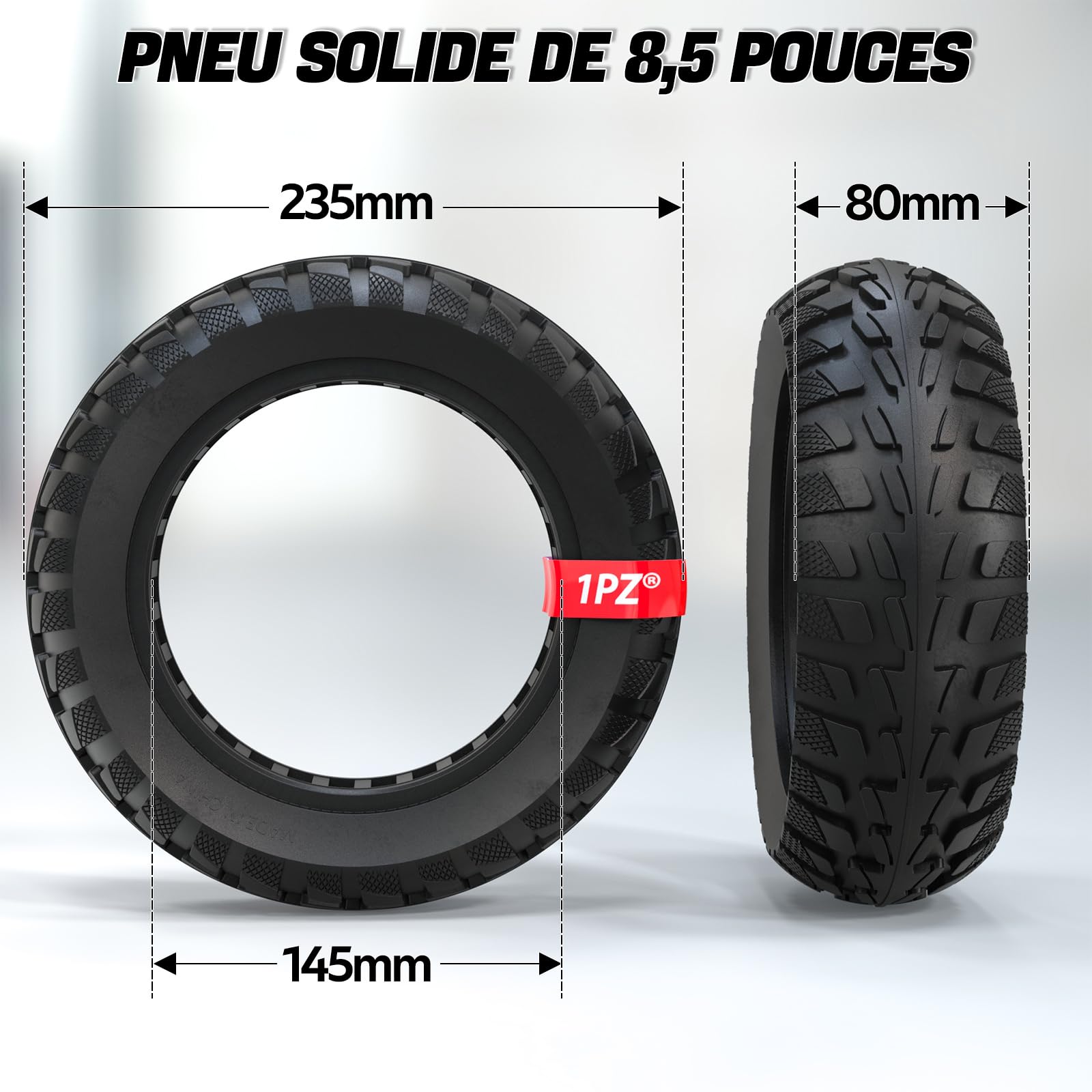 1PZ FM8-S27 Pneu Plein 10 Pouces pour Trotinette Électrique Tout-Terrain - 10x2.70-6.5 - Compatible avec UrbanGlide E-CROSS PRO (avec 1 Démonte-Pneu)