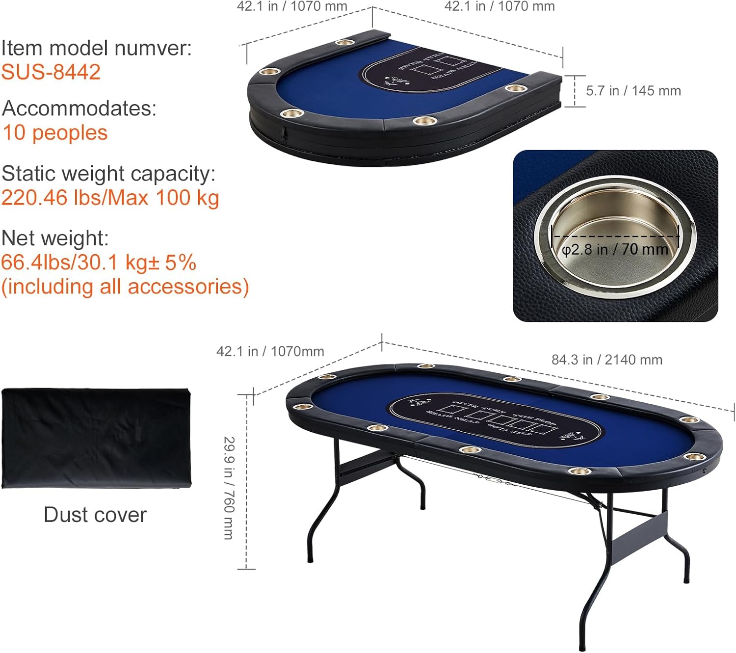 Happybuy 10 Player Foldable Poker Table, 84" Oval Card Table with Padded Rails & Stainless Steel Cup Holders, Portable Blackjack & Texas Hold'em Game Table