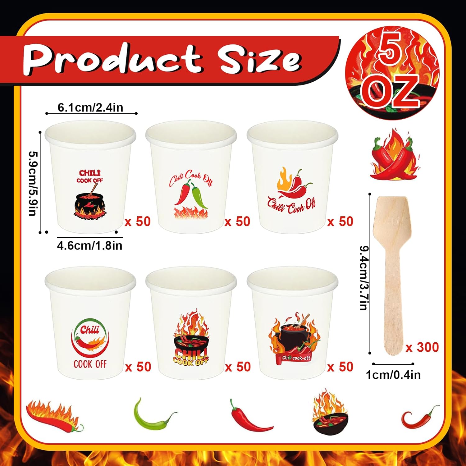 600 Pcs 5 oz Chili Cook off Party Decorations Include 300 Pcs Disposable Paper Chili Tasting Cups and 300 Pcs Wooden Spoons for Chili Cook off Decorations Party Supplies