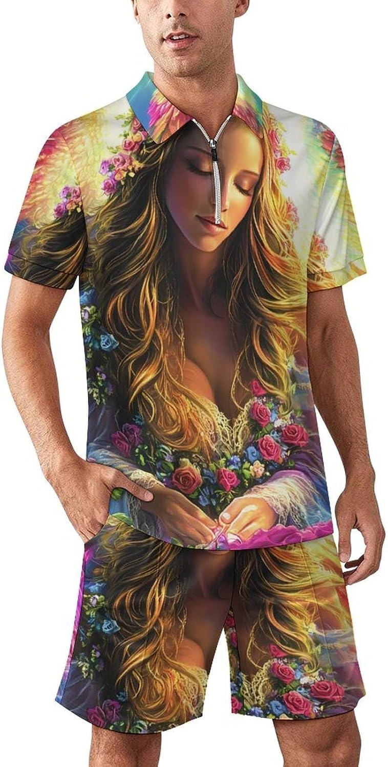 Rainbow Angels-Rose Mens Polo Shirts Track Suits 2 Piece Short Sleeve Sweatsuit 1/4 Zip Golf Loungewear for Sports