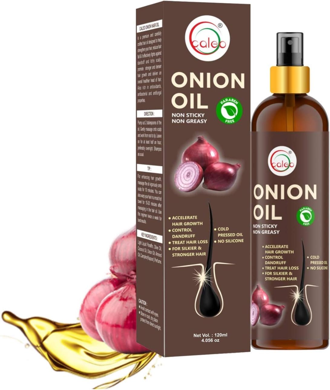 Caleo Onion Hair Oil 100 ml for Hair growth, Control Dandruff with Paraben Free Onion Oil, Olive Oil, Coconut Oil, Almond Oil extracts