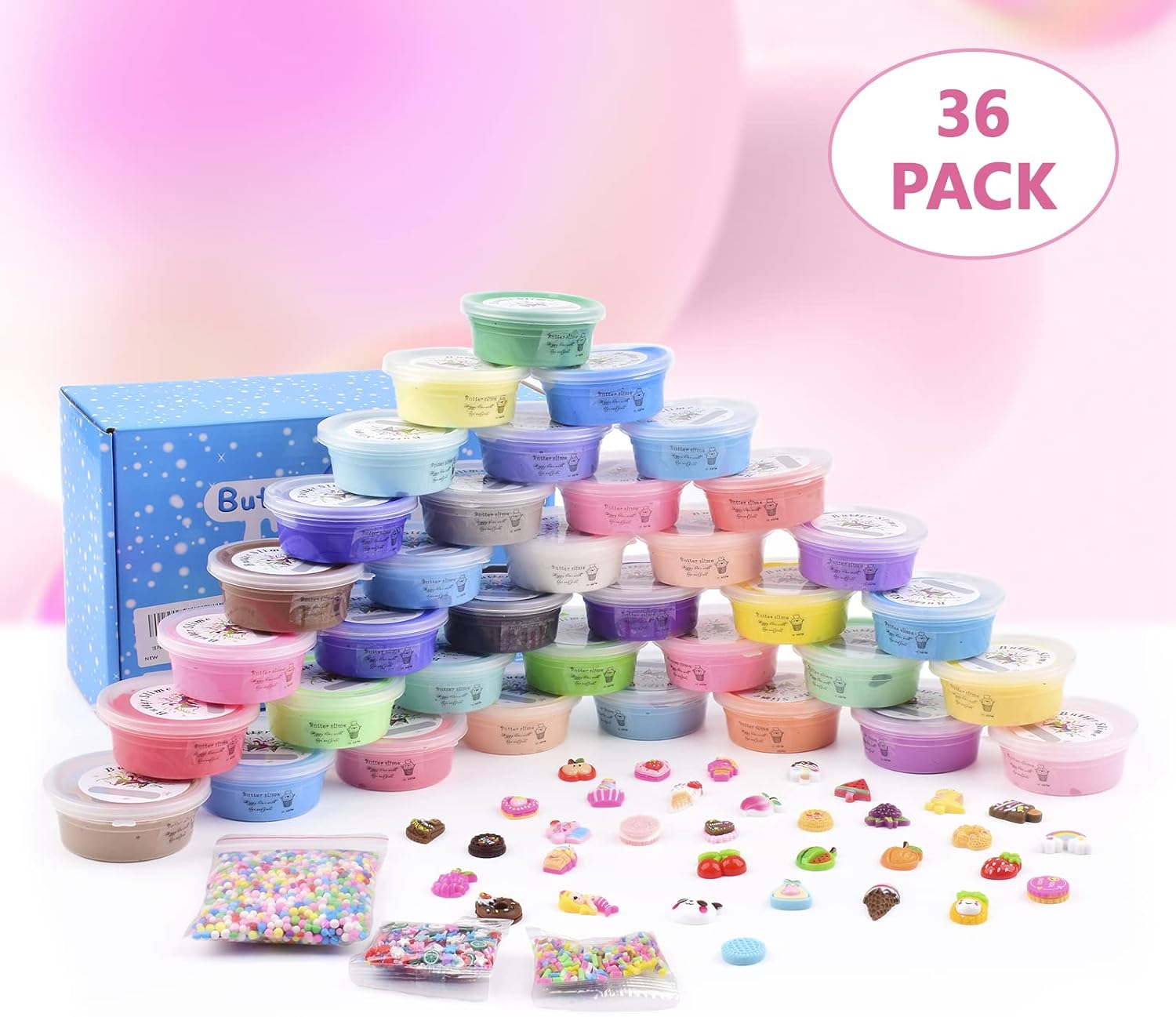 36 Pack Butter Slime Kits,Soft and Non-Sticky,Slime Party Favor,Include Fruit Unicorn Ice Cream Etc Slime Charms, Stress Relief Slime Toy Gift Stuff for Girls Boys Kids