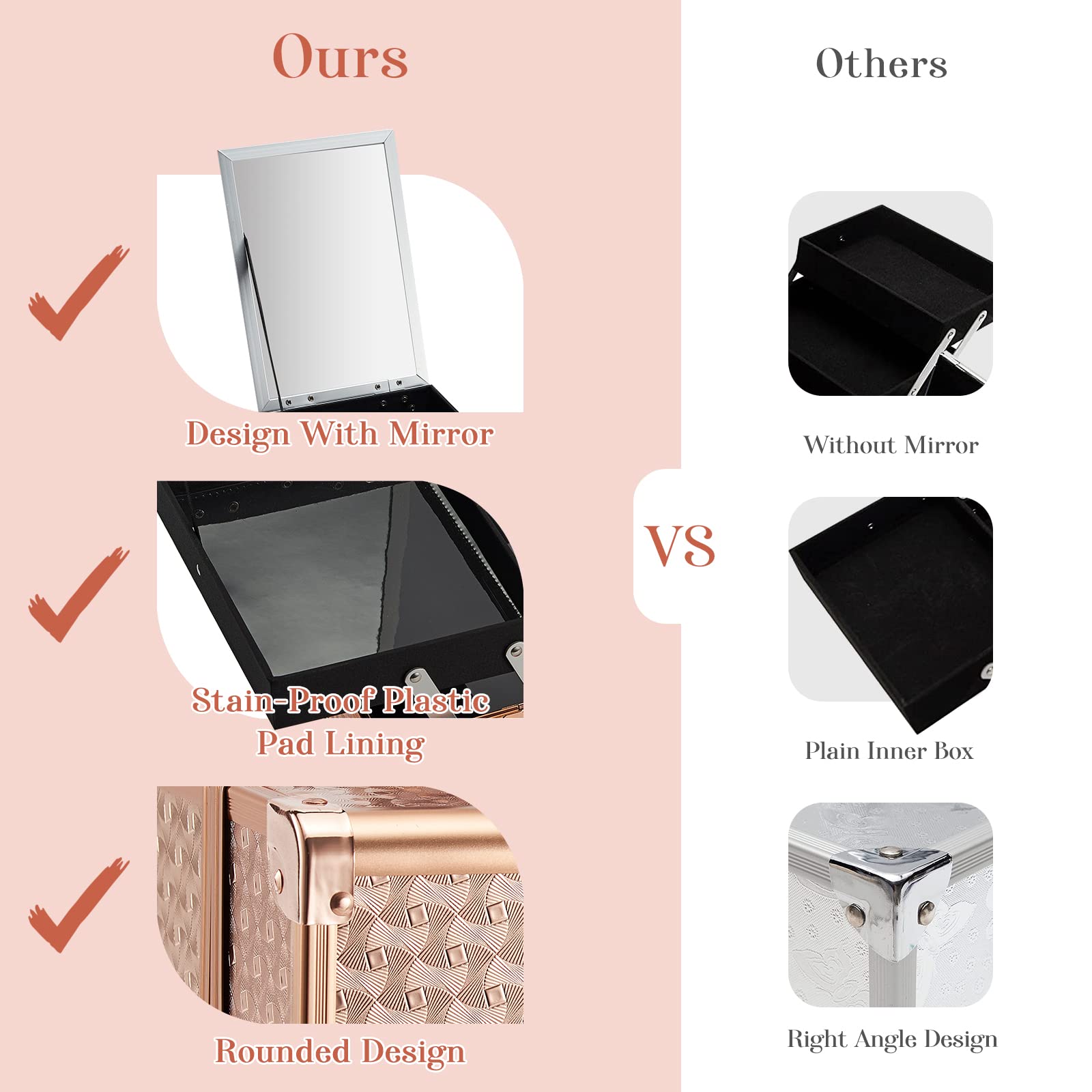 Joligrace Vanity Case - Scatola per trucchi e cosmetici, organizer per trucchi e gioielli, con specchio, chiudibile a chiave, Oro rosa, Classico