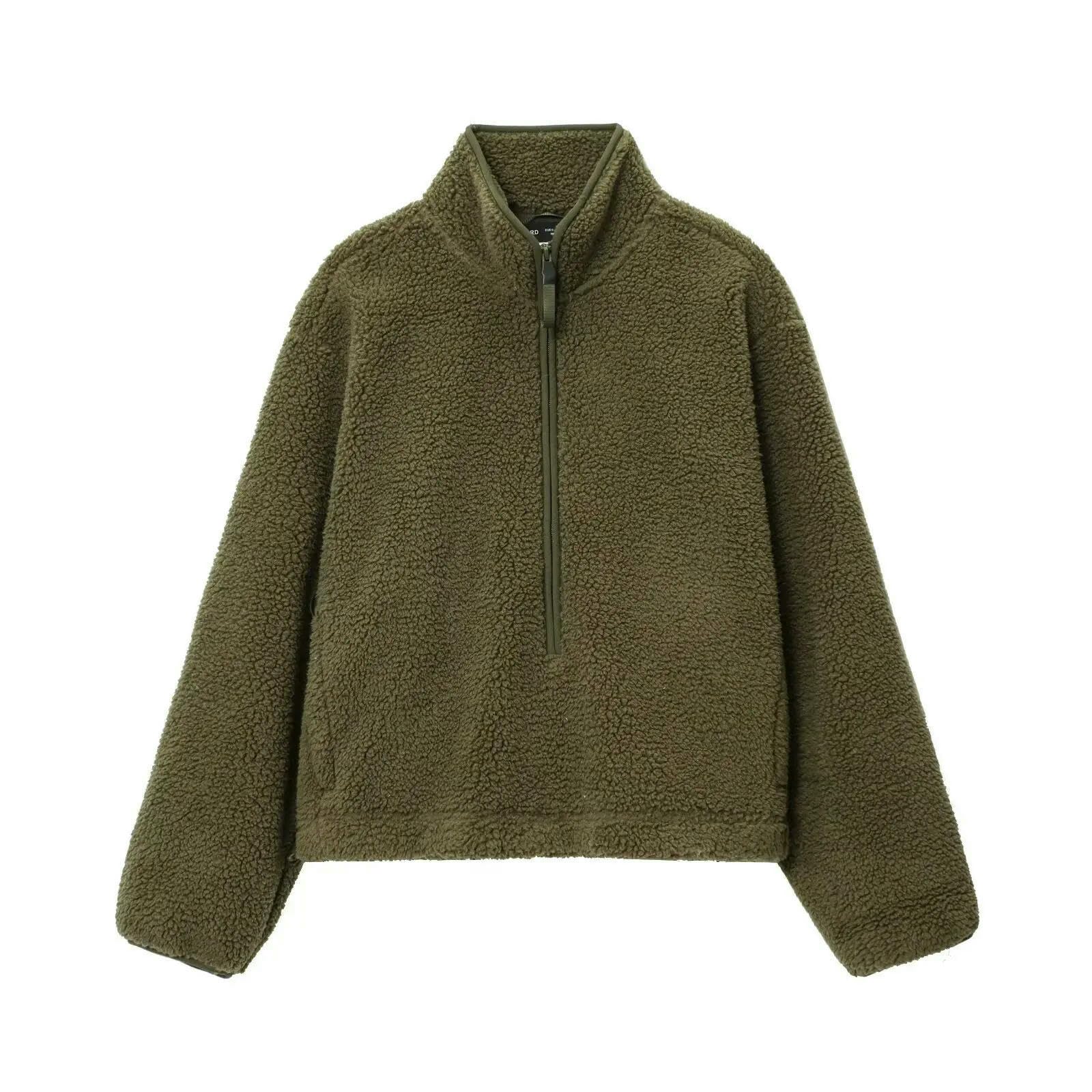 kurtka damska Sherpa Fleece Style bluza z długim rękawem sportowa bluza z kapturem na co dzień jesień zima armia zielony-m