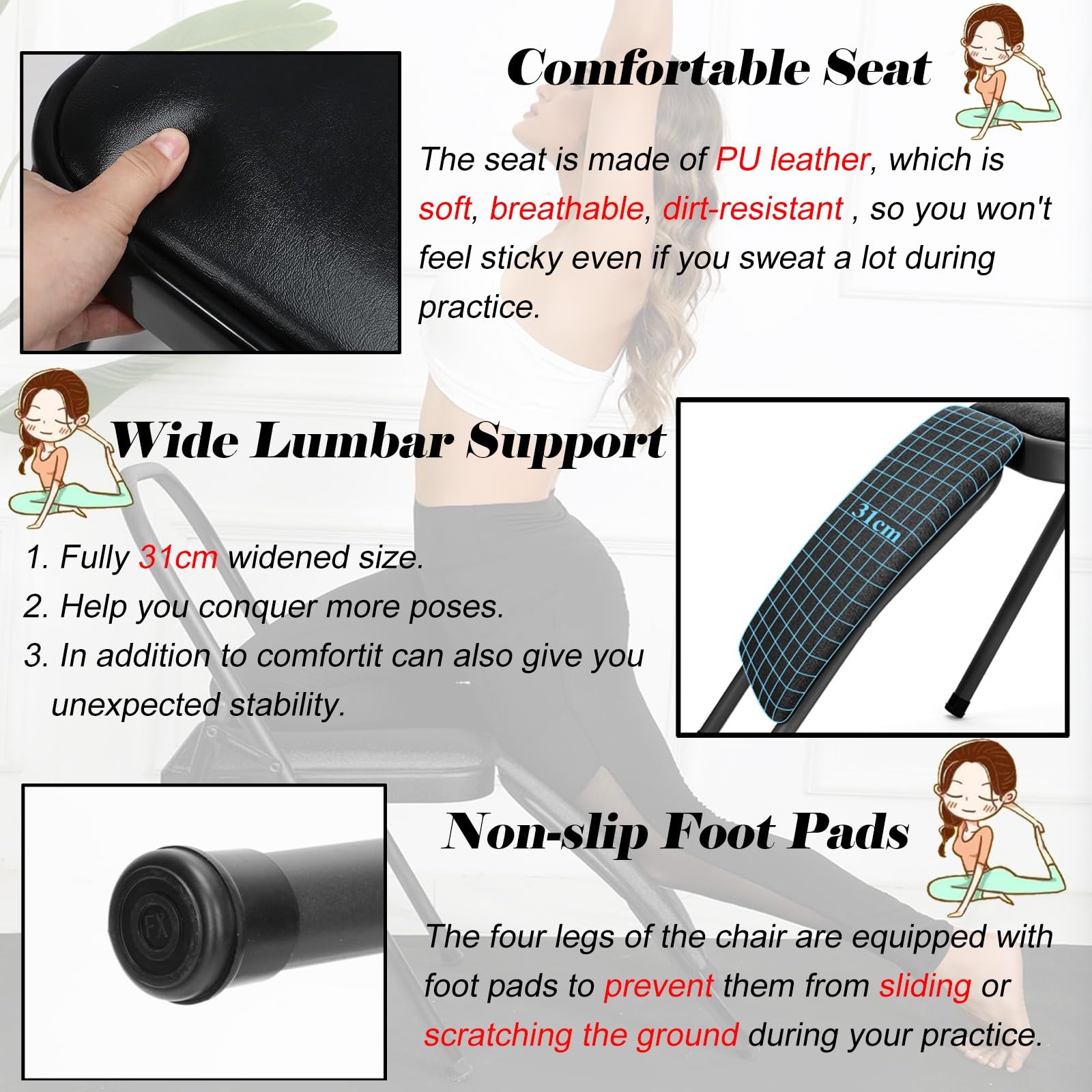 Sedia yoga Sedia Yoga Pieghevole Con Supporto Lombare Rimovibile, Strumento Di Allenamento Per L'inversione Dell'equilibrio Con Cuscino In PU, Sedia Yoga Per Esercizi Per La Vita/ I Glutei(Black)