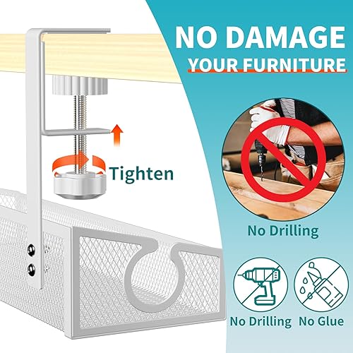 Miniatura 10 de Bandeja de organización de cables para debajo del escritorio, organizador sin taladros con abrazadera para gestión de cables, accesorios de cable de