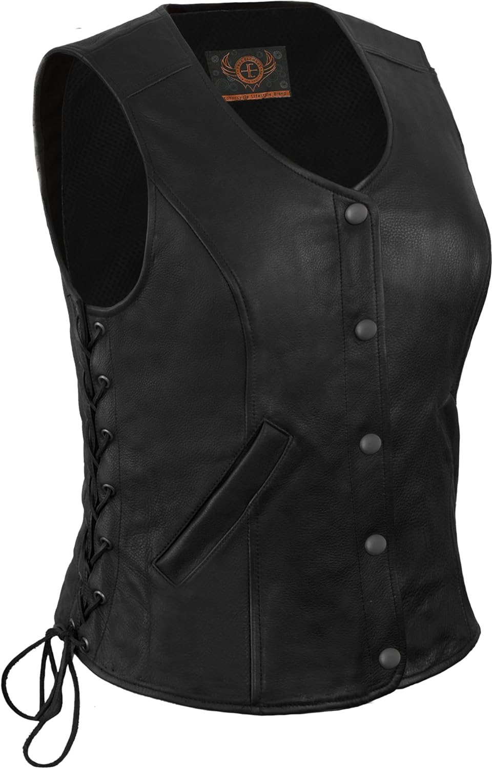 True Element Womens Longer Length Motorcycle Leather Vest With Side Laces (Black, Size L)