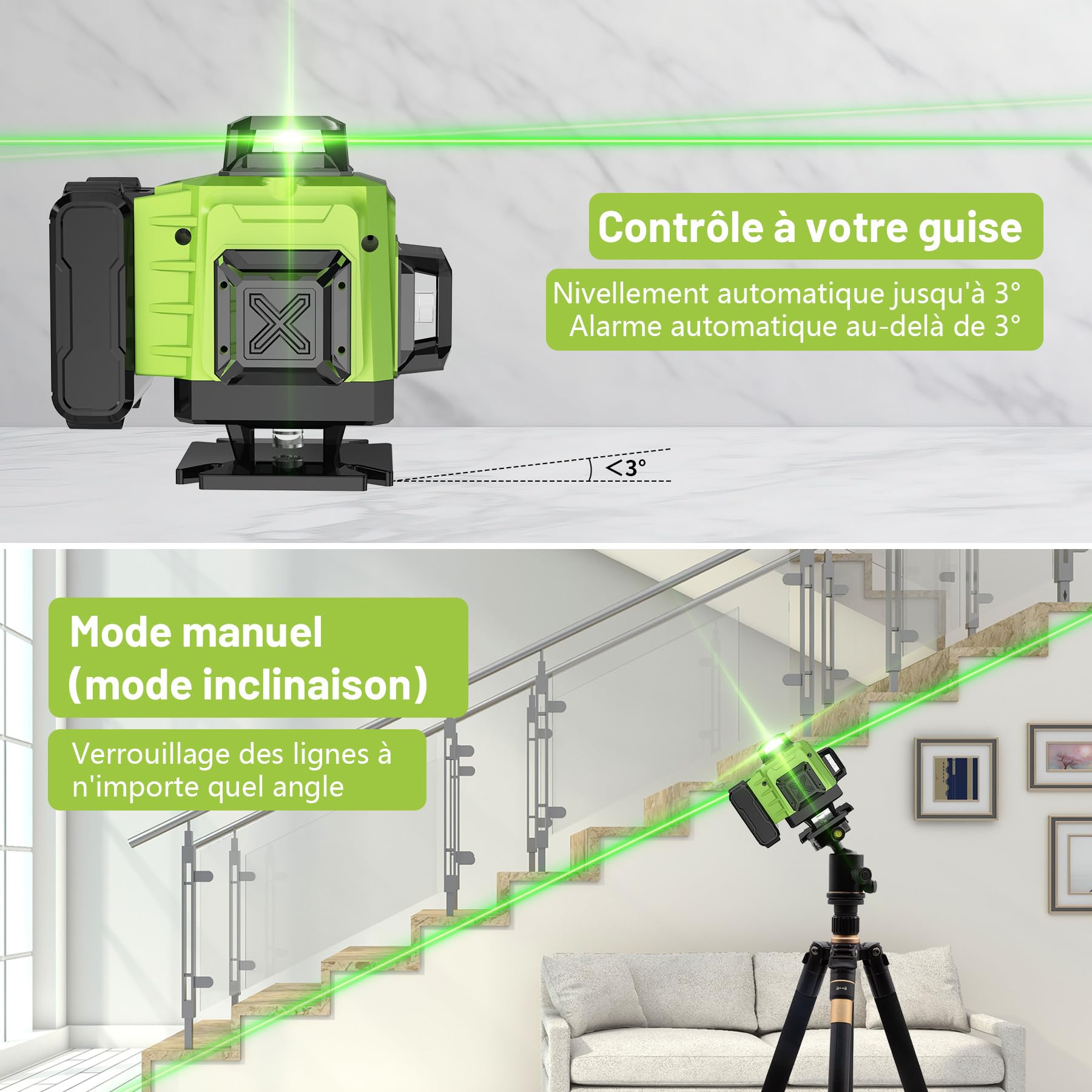 Niveau Laser Chantier Autonivelant 4 x 360°, 4D 16 Lazer Niveaux avec Trepied, Batterie Rechargeable, avec Support Mural, pour Décoration Intérieure, IP54 Étanche et Anti-Poussière