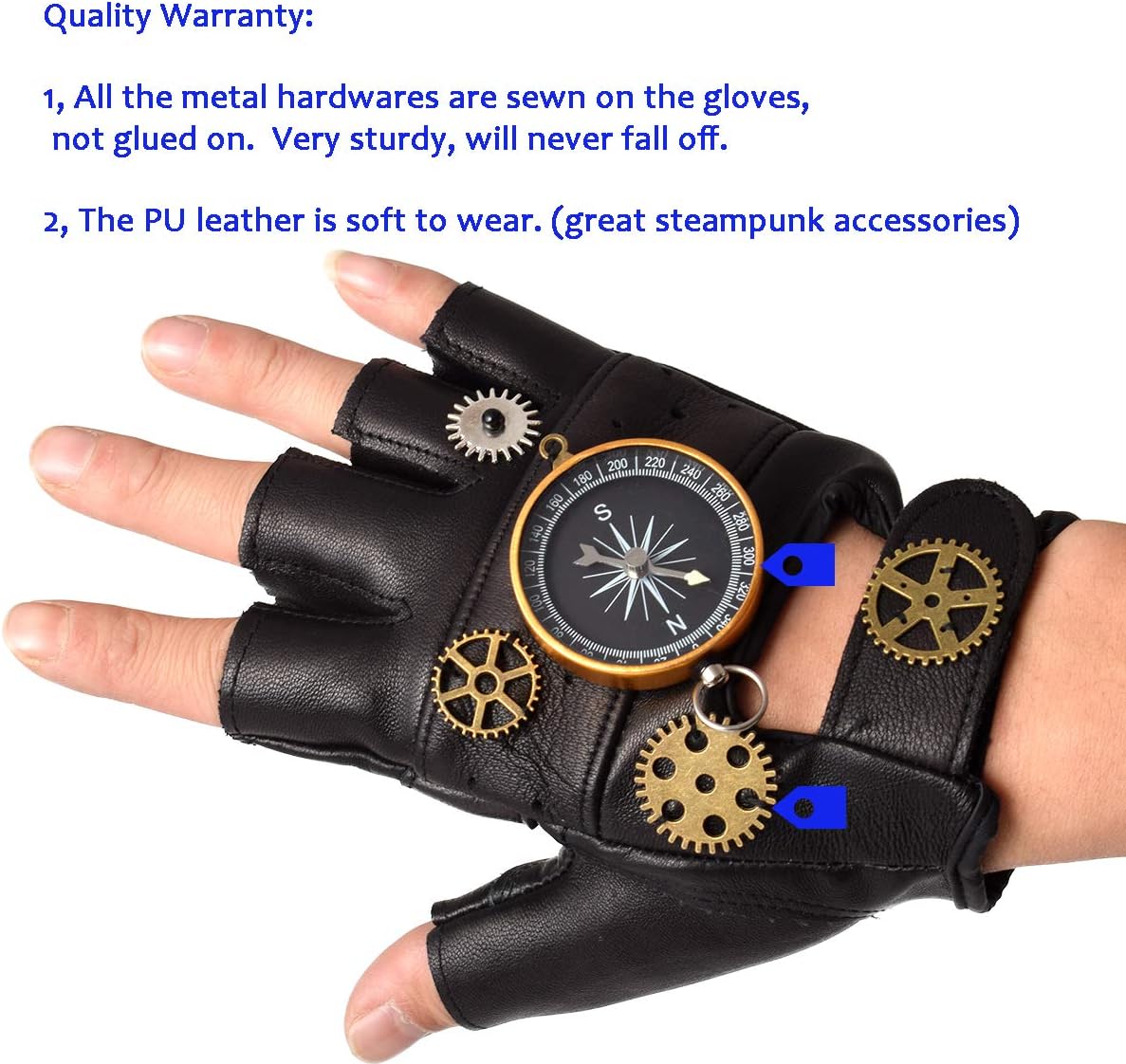 GRACEART Steampunk Leather Gloves Men with Gears Fingerless Mittens Heavy Metal Rocker Gloves