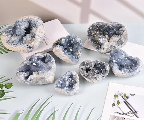 Vista 13 de Geoda de cristal celestita azul crudo natural curativo racimo grande de piedra celestina irregular para decoración del hogar, 1-1.5 libras Celestite
