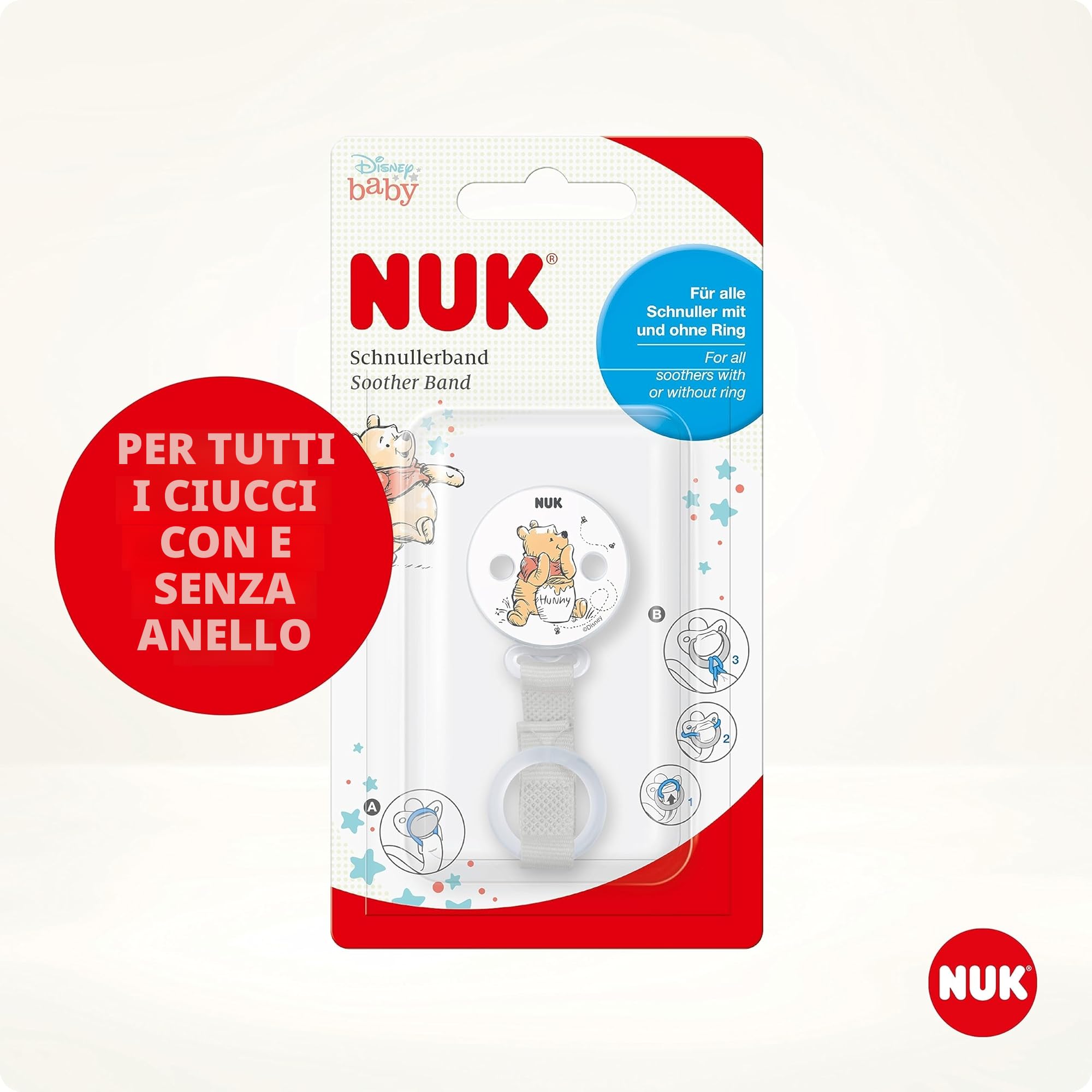 NUK Disney Winnie the Pooh Laccetto portaciuccio e clip con e senza anello | Resistente e infrangibile | 1 pezzo