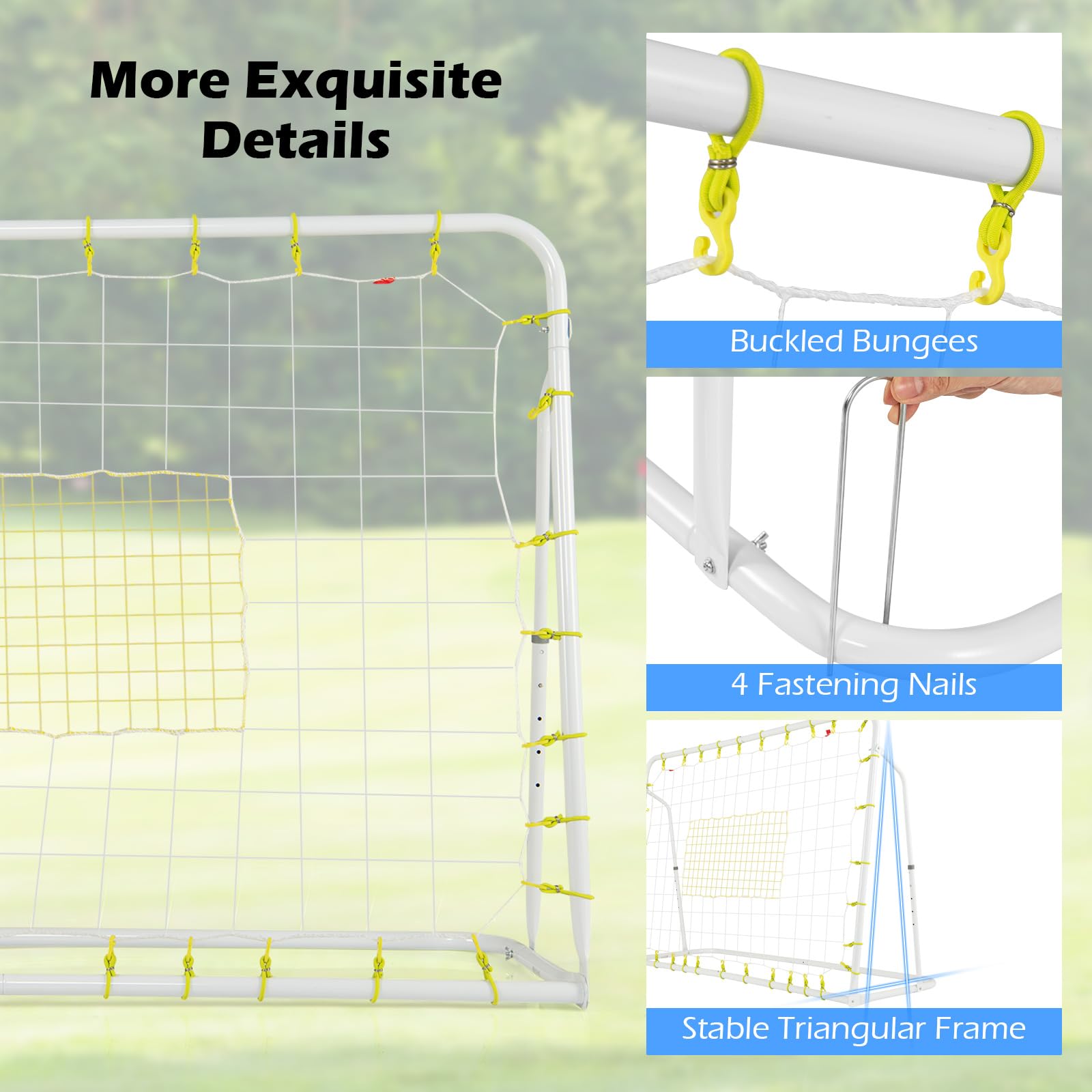 Esta Red de Rebote de fútbol 2 en 1, de 1,8 m x 1,2 m, es un Equipo de Entrenamiento de fútbol con 5 ángulos Ajustables y área Auxiliar de Tiro. Es una portería de fútbol para el entrenamien