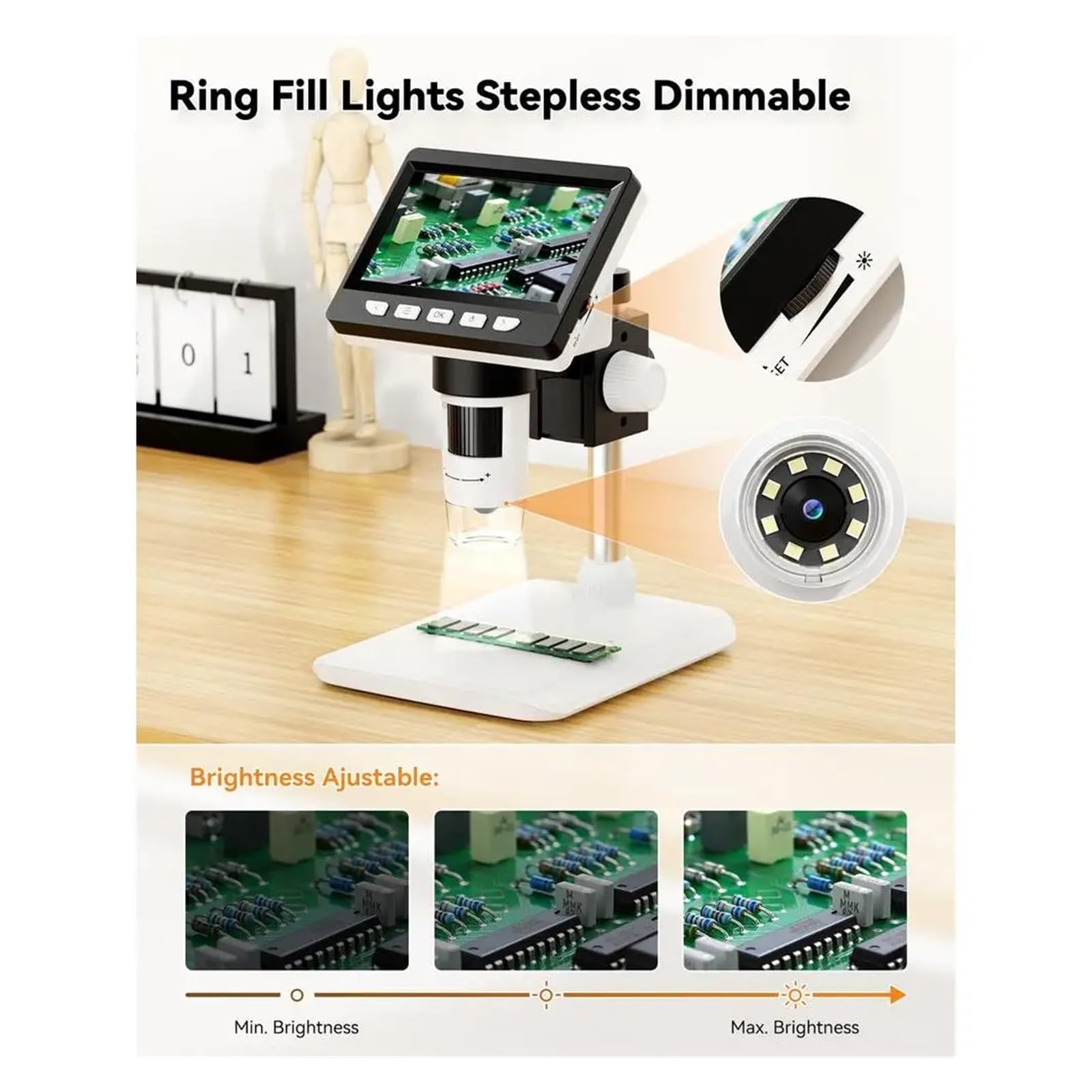 LCD Digital Microscope 1000X Magnification USB 1080P Photos Videos LED Fill Lights Portable Coin