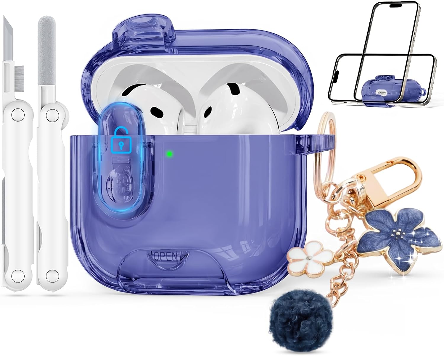 for AirPods 4 Case 2024 with Safety Lock,Midnight Blue | Clear Case with Phone Stand & Cleaner Kit,Cute Floral Chain for Women Girls,Soft TPU Protective Cover,Shockproof