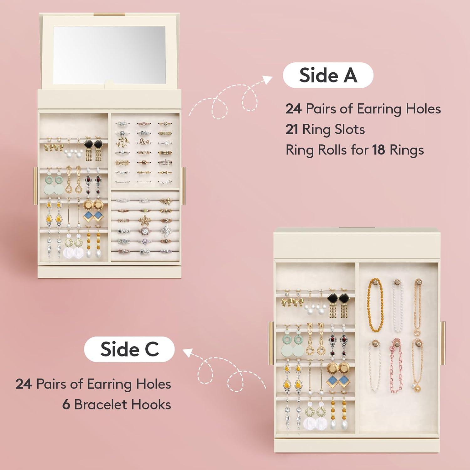 Lifewit 360° Rotating Jewelry Box, Top Magnetic Box wth Mirror, 2 Sides Plus 2 Large Drawers, Jewelry Organizer and Storage Case for Ring Necklace Earring Bracelet, Gift Idea, Creamy White