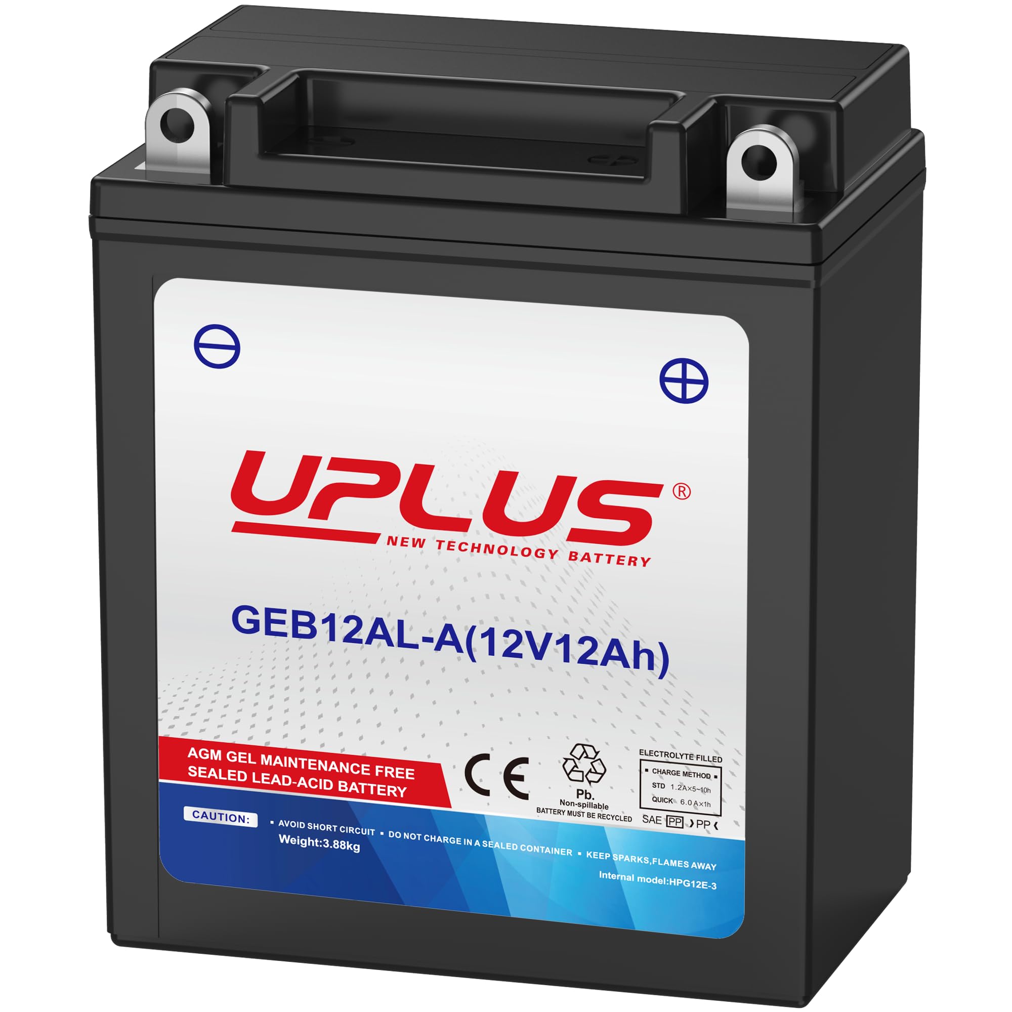 UPLUS GEB12AL-A GEL Motorradbatterie 12V 230A 12Ah Rollerbatterie wartungsfrei Ersatz für YB12AL-A 134L×81B×160H mm