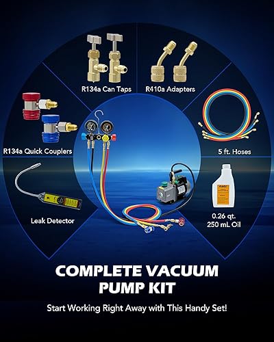 Miniatura 3 de Orion Motor Tech Juego de bomba de vacío y manómetro de CA, kit de manómetro de bomba de vacío de 1/3 hp 4.5 cfm con detector de fugas, 4 mangueras