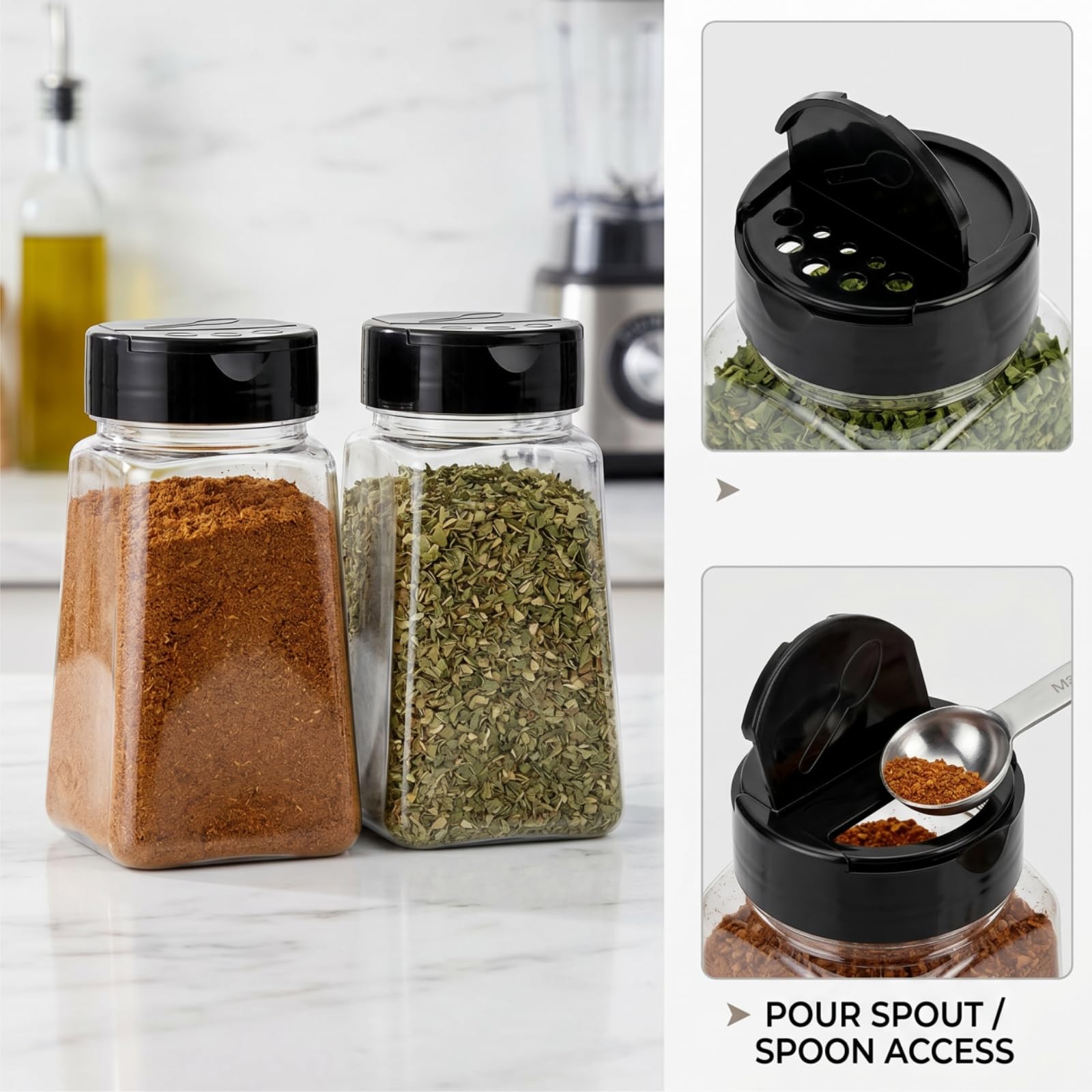 Tebery Lot de 24 pots à épices en plastique transparent avec couvercle à rabat noir, 255 ml - Pour verser ou tamiser les épices, les herbes et les poudres