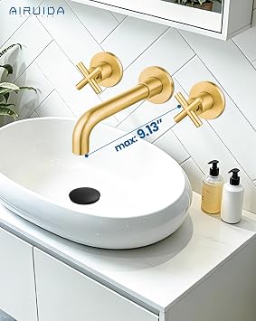 Airuida Solid Brass Widespread Wall Mount Bathroom Faucet with 360 Swivel Spout Wall Mounted Lavatory Faucet Vanity Sink Mixer Tap with Rough in Valve and Double Cross Handles Brushed Gold