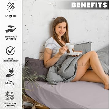 Polycotton Double Fitted Sheet (135x190 cm) - Plain Bedding Bedsheets For Double Bed 25cm Deep - Anti Allergic Elastic Corner Bedsheet & Mattress Sheet - Grey