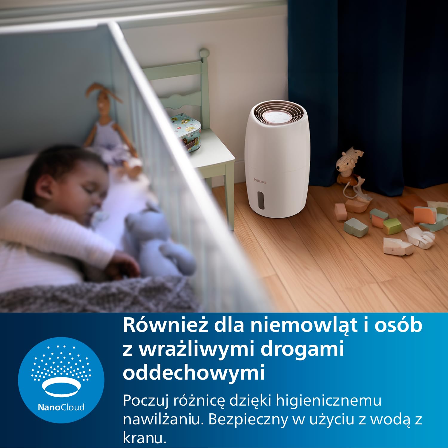 Philips Nawilżacz powietrza Serii 2000, Higieniczne nawilżanie NanoCloud, 99,97% mniej bakterii, 200 ml/h, Zbiornik 2L, Ultra cichy (33 dB), 3 prędkości, Tryby Auto i Nocny, Timer, Biały (HU2716/10)