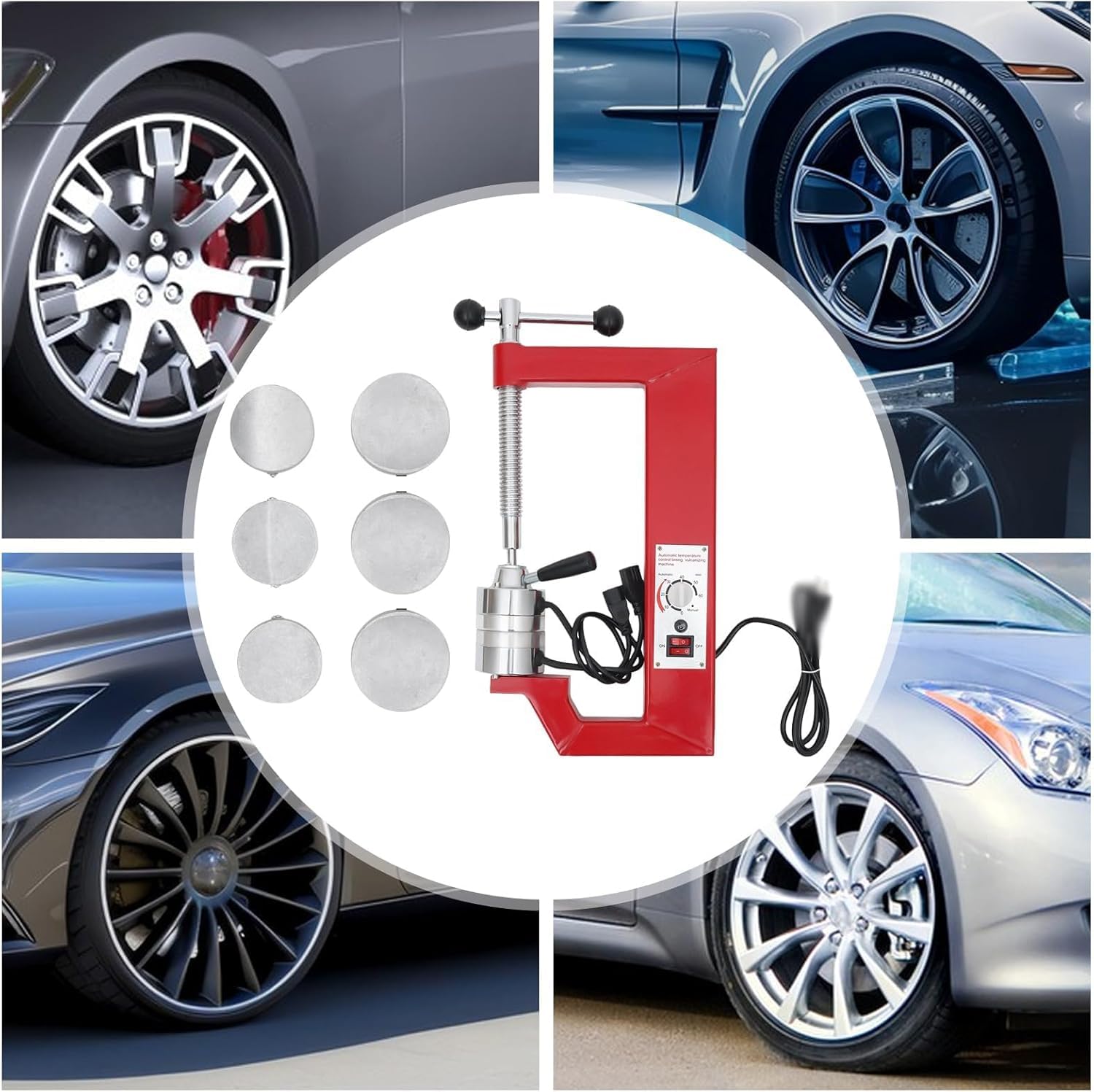 Vulcanizzatore per riparazione pneumatici, kit vulcanizzatore per pneumatici con 6 stampi, timer 0-60 min, controllo temperatura 145-165℃ per auto, camion, SUV, EV