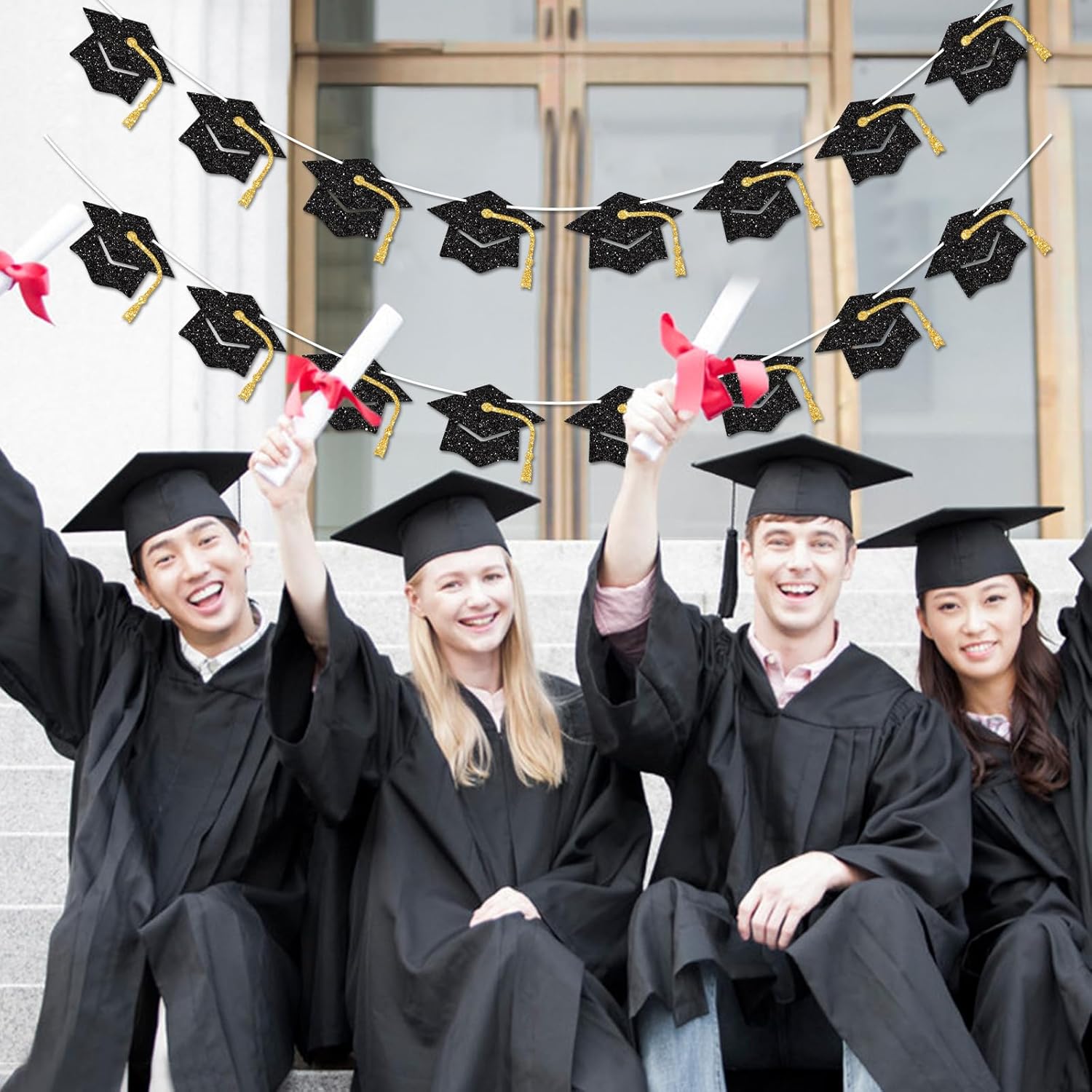 Graduation Decorations Class of 2026 Black and Gold Graduation Banner Glitter Pre-strung Grad Cap Banner for 2026 Grad Decor Party Supplies - Image 4