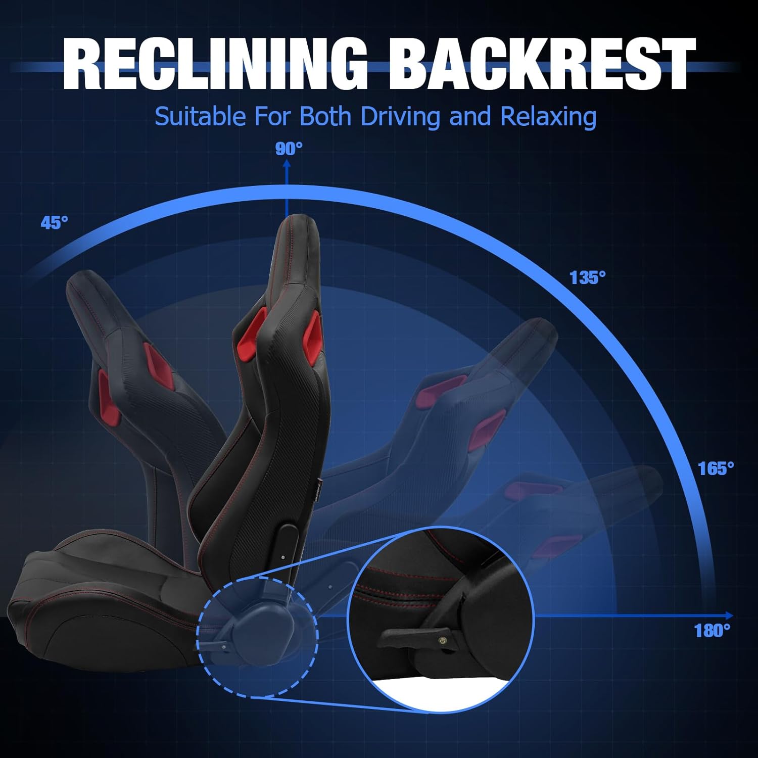 FREEMOTOR802 Racing Seats with Dual Lock Sliders, Universal For Most Cars Vehicles First Row, 1 Pair Reclinable Sport Bucket Seats, PU Carbon Fiber Look Leatherette, Black Red Slots