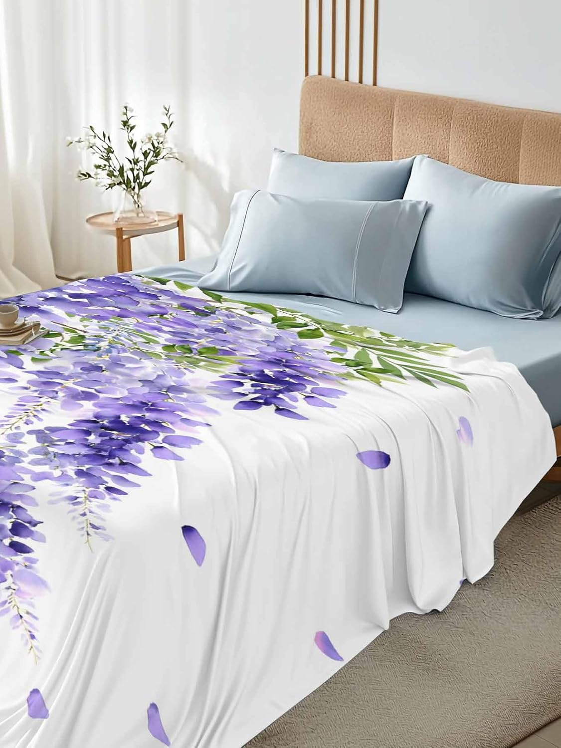 Top Sheet Full Bedding Flat Sheet Only, Farm Purple Vineflowers Microfiber Bed Sheets Soft Breathable Bedding Flat Sheets, Country Floral Art Hotel Luxury Top Sheets