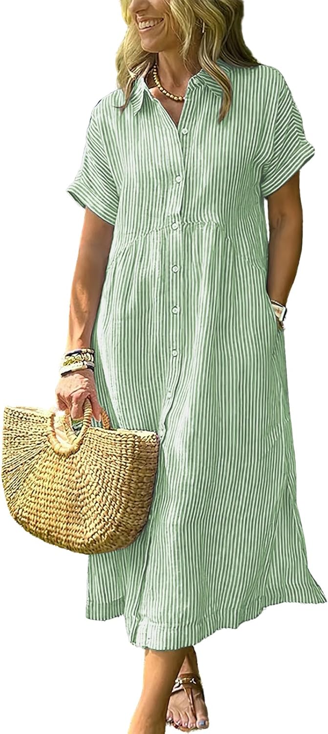 ebossy Women’s Boho Striped Shirt Dress Button Up Side Slit Loose Mid Long Cotton Dress with Pockets