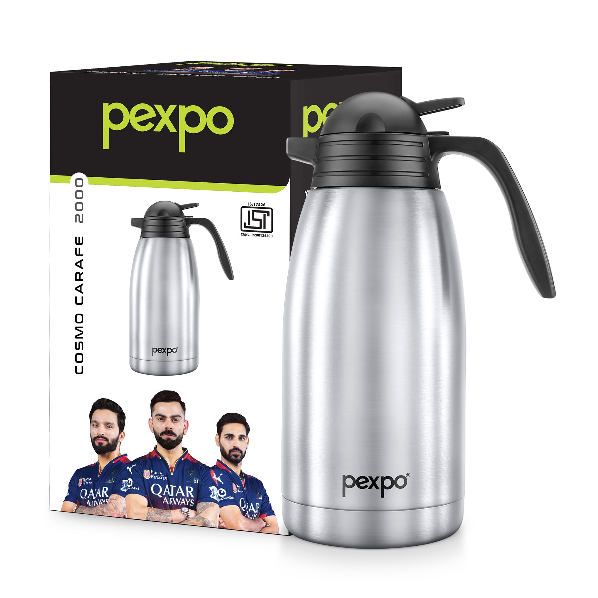 Pexpo Cosmo ISI Certified Stainless Steel Carafe - 2 Litre | Hot & Cold Triple Wall Vacuum Insulated Flask for Tea & Coffee | Home, Office, Kitchen, Restaurants - Silver