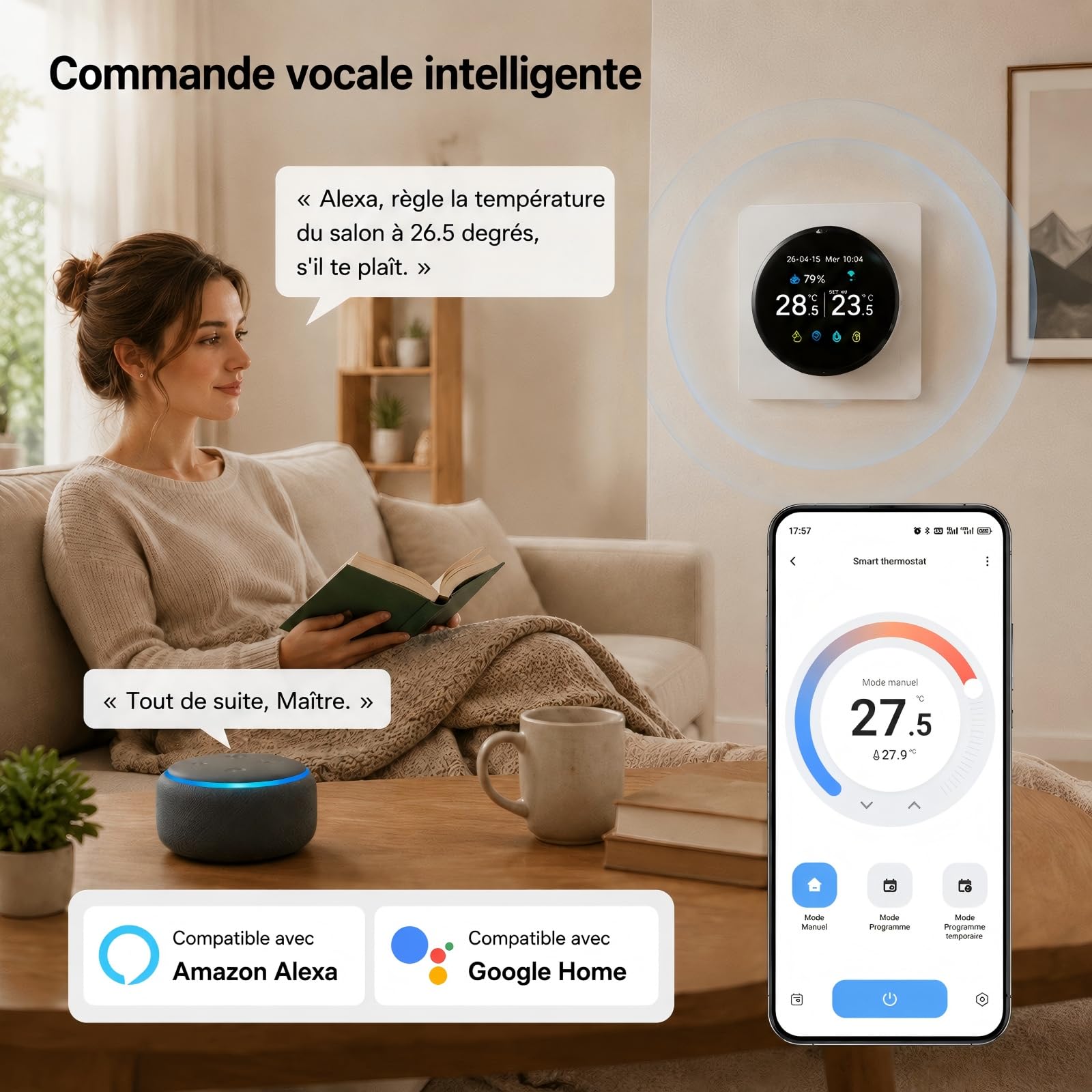 Thermostat Connecté Chaudiere Gaz WiFi Régulateur Température à Rotatif 3A | Intelligent Thermostats D'ambiance Mural Programmable Digital Compatible avec Alexa Google Home Tuya Smart Life,Écran Couleur