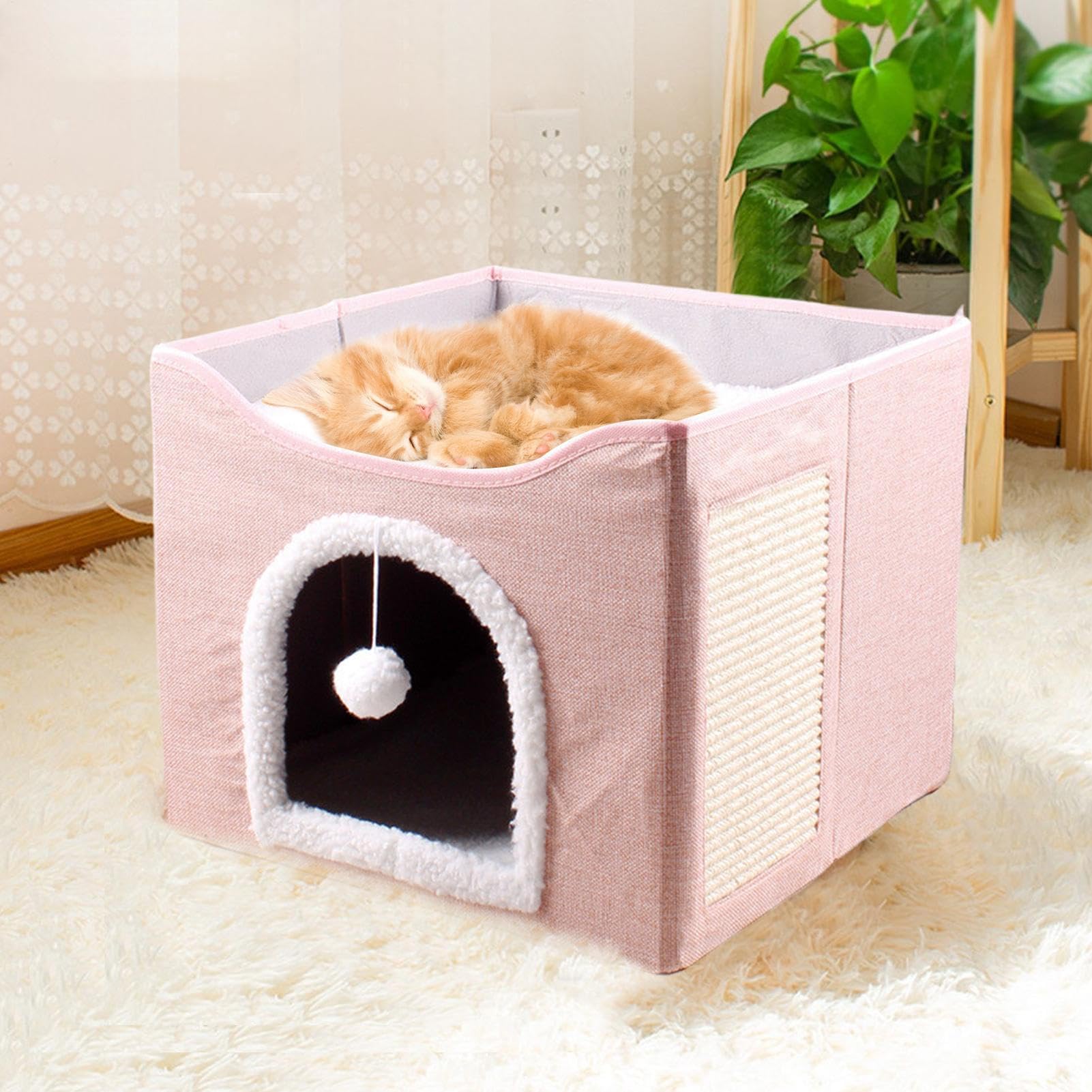 Grotta per gatti – Grande cuccia pieghevole per gatti, tenda per dormire, cubo per animali domestici con palla di peluche e cuscinetto antigraffio, per animali domestici