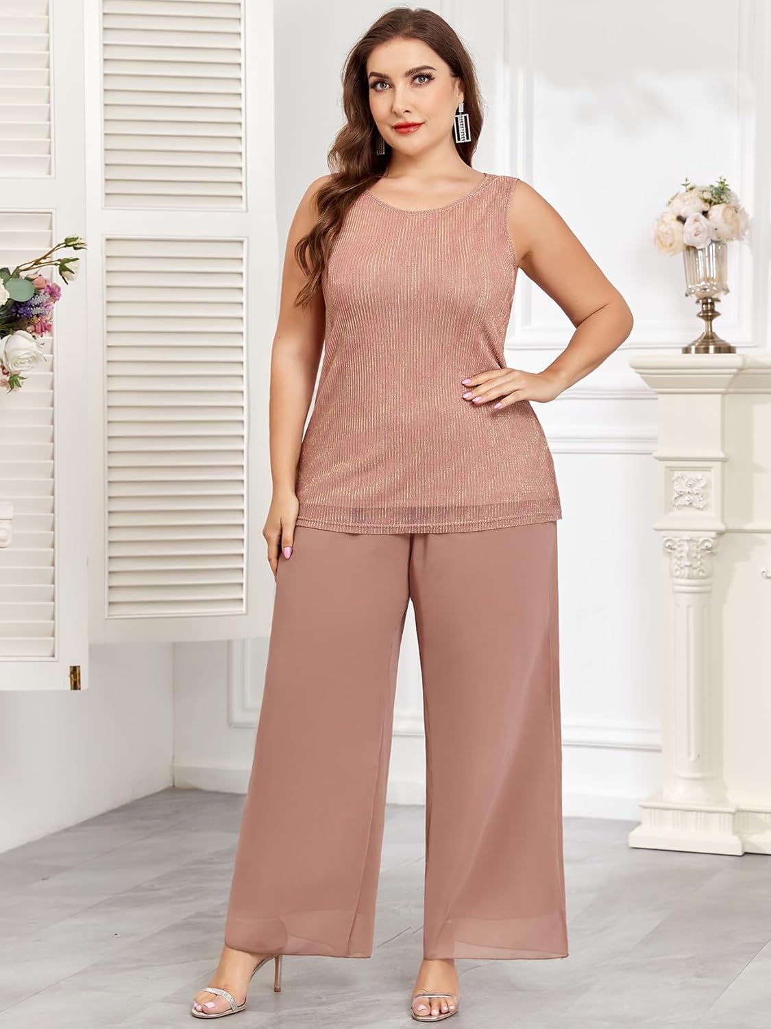Plus Size 3 Piece Formal Pantsuit Mother of The Bride Groom Sets with Chiffon Jacket Sparkly Wedding Cocktail Outfits - Image 3