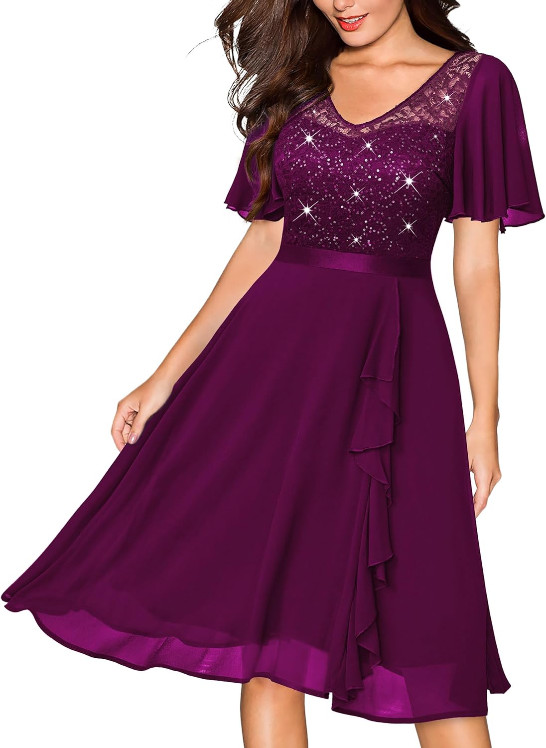 Miusol Women's Sequin Lace V Neck Ruffle Style Cocktail Party Chiffon A-line Dress