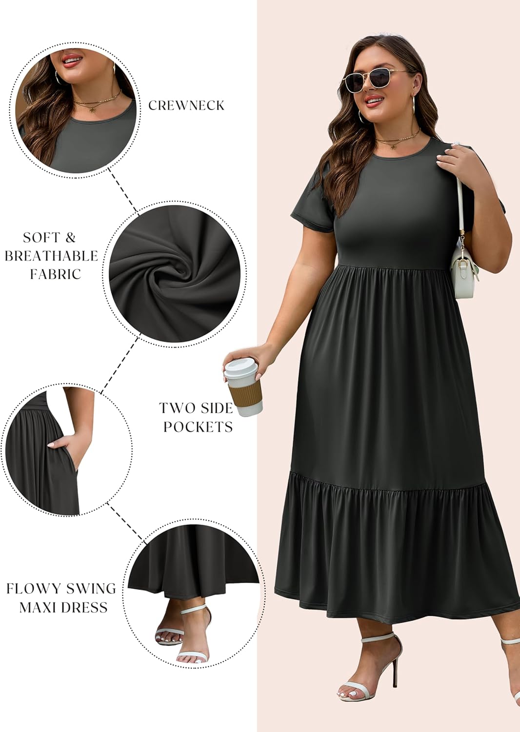 Plus Size Maxi Dress for Women Casual A line Tiered Flowy Short Sleeve Crewneck Summer Dresses with Pockets 1X-5X - Image 5