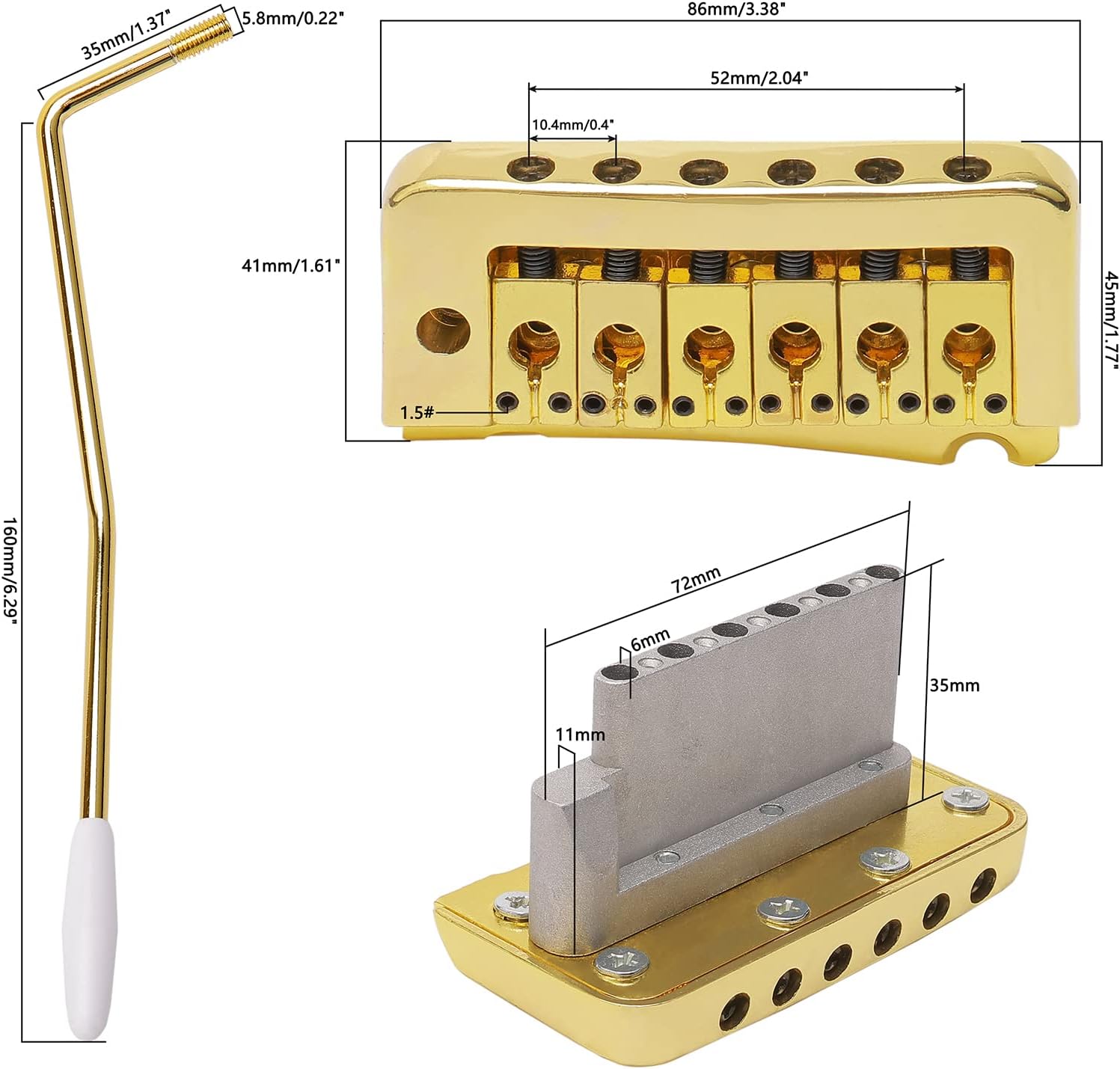 52mm Guitar Stratocaster Tremolo Bridge 6 String Individual Saddle for SQ Fender Strat Style Electric Guitar(Gold)