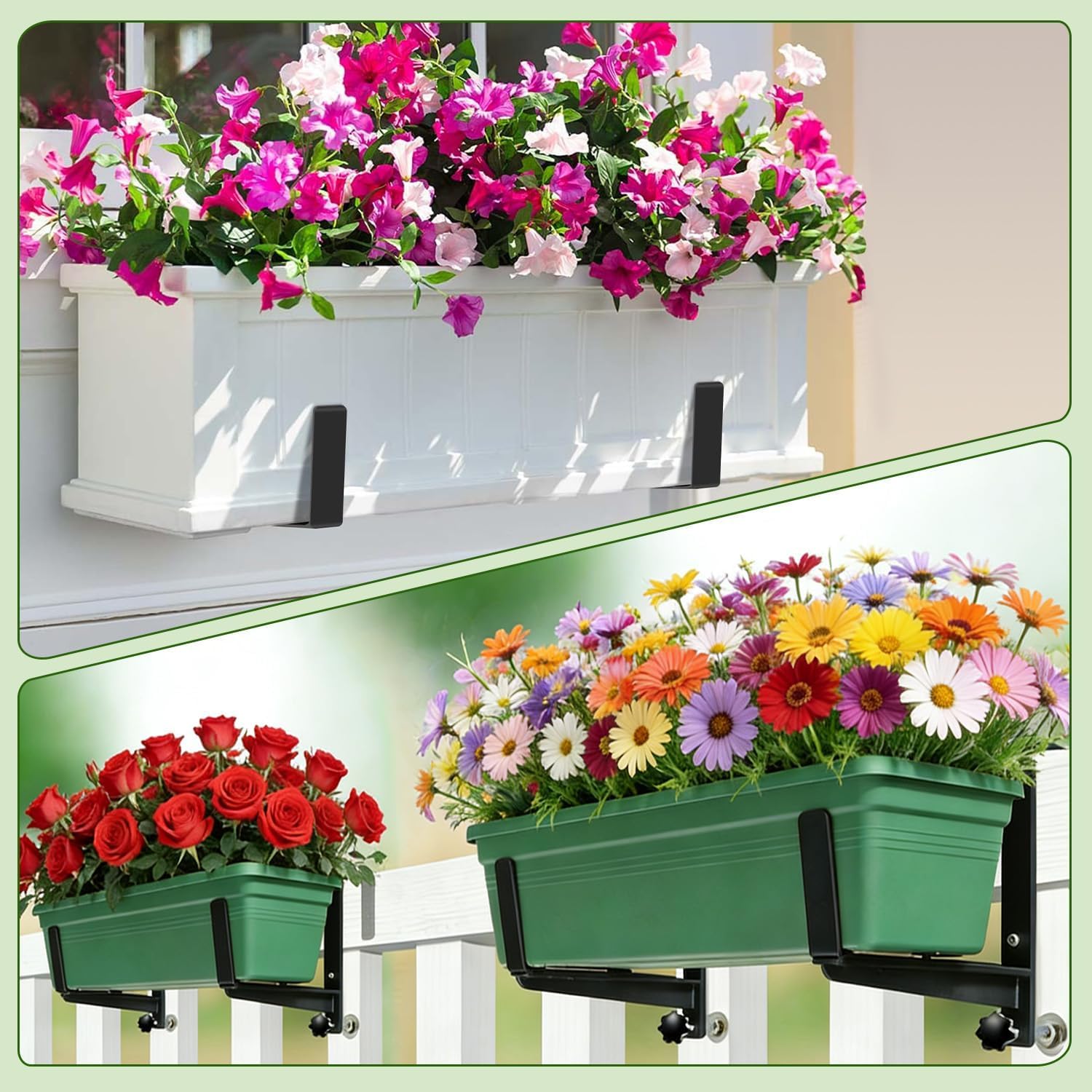 Heavy Duty Adjustable Window Box Brackets - Iron Planter Box Hangers with Reinforced Bottom Support for Balcony, Fence, Railing, Garden - Rust-Proof & Sturdy Flower Pot Holders