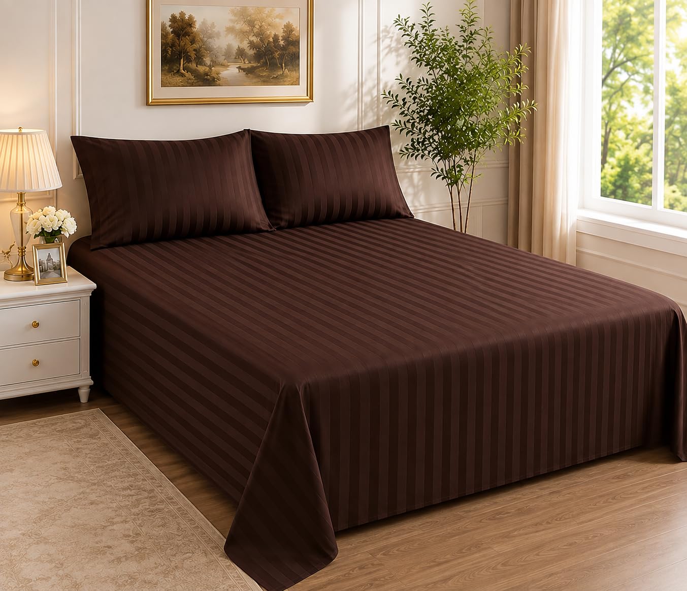 NEERAK Satin Cotton Flat Bed Sheet with 2 Pillow Covers | 108 x 108 Inches (274 x 274 cm) | Soft Stripe Design | Set for Hotels, Guest House & B&B| Luxury King Size Bedding – Brown-image-27