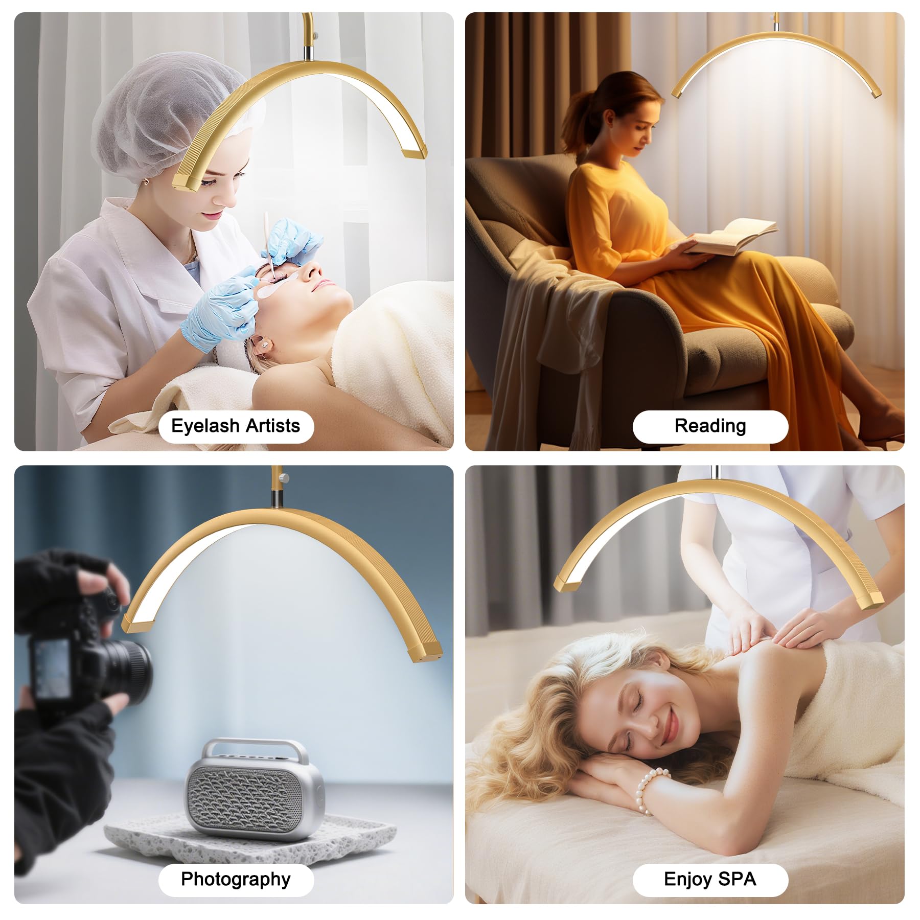 AURELLE Halbmond-Wimpern-Licht – verstellbare LED-Boden-Lampe mit 4-facher Lupe und Handy-Halterung für Wimpernverlängerungen, Nagelkunst, Tattoos, Hautpflege, Salon, SPA, dimmbare Helligkeit