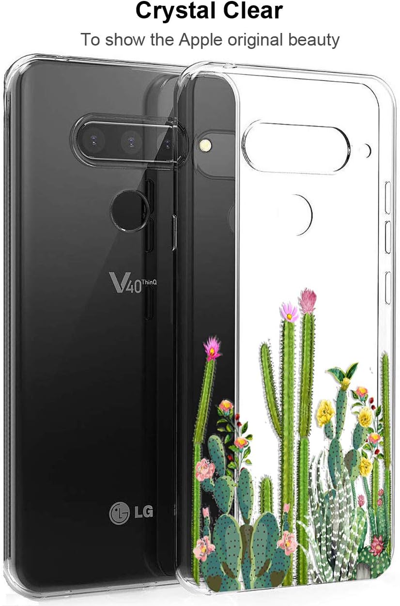 Unov Case Compatible with LG V40 ThinQ Case Clear with Design Soft TPU Shock Absorption Slim Embossed Pattern Protective (Cactus Succulents)