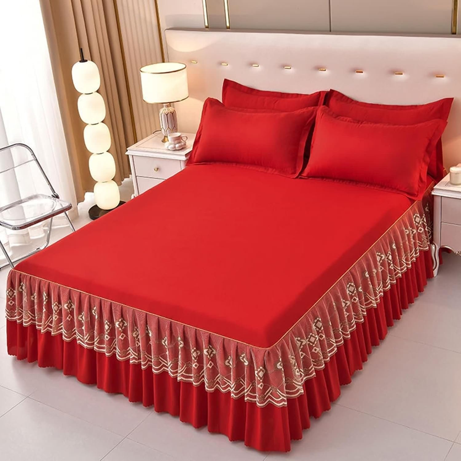 Bed Skirt Queen Size, Polyester Bed Sheet and 2 Pieces Pillowcases Set Solid Red with Lace, Mattress Protector 150x200cm