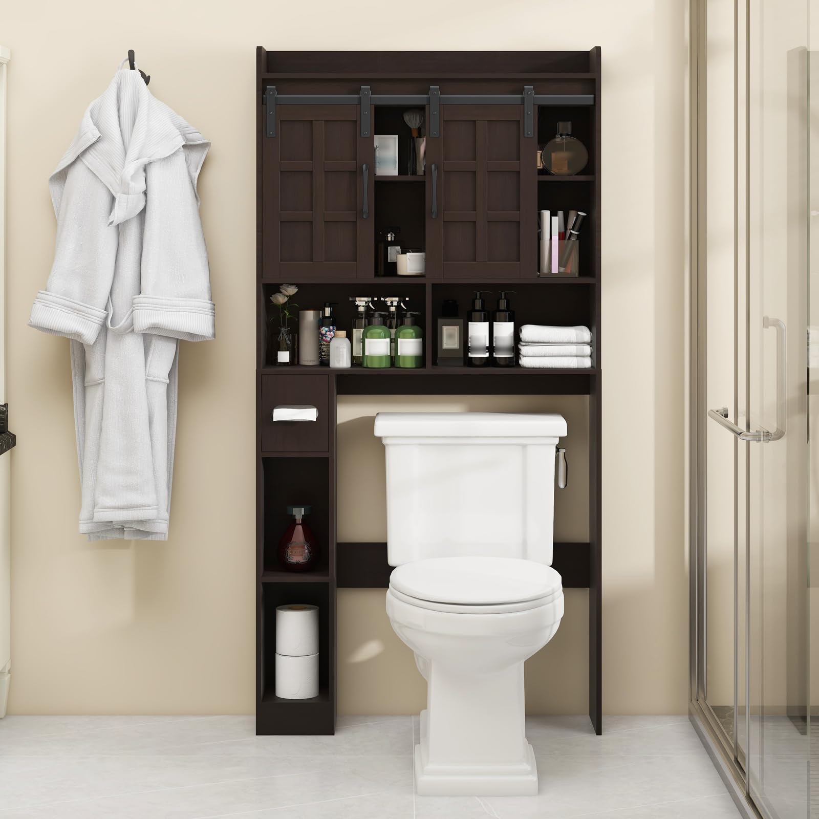 Scaffale per WC con 2 ante scorrevoli e porta carta igienica | Armadietto da bagno autoportante in stile rustico bianco, 77 x 19 x 171,5 cm, con ripiano regolabile e modulo laterale
