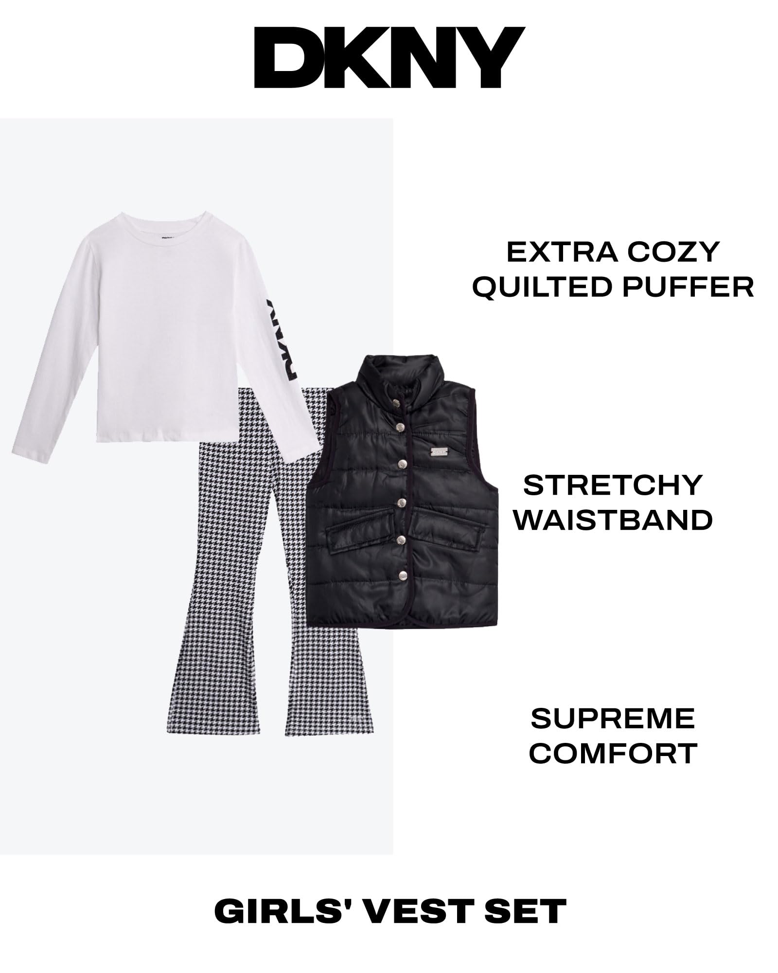 DKNY Mädchen Weste Set - 3-teiliges Set mit Knopfleiste gesteppte Pufferweste Langarmhemd und ausgestellte Leggings Set (Größen 2T-6X)
