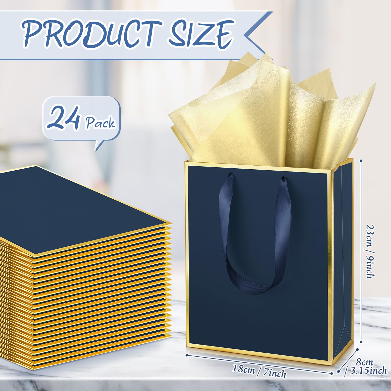 Yeaqee 24 Pack Metallic Paper Gift Bags with Handle and Tissue 9x7x3.1 Gold Foil Welcome Thank You Favor Bags Return Gifts for Wedding St. Patrick's 5 Senses Bridesmaid Birthday(Navy Blue, Gold)