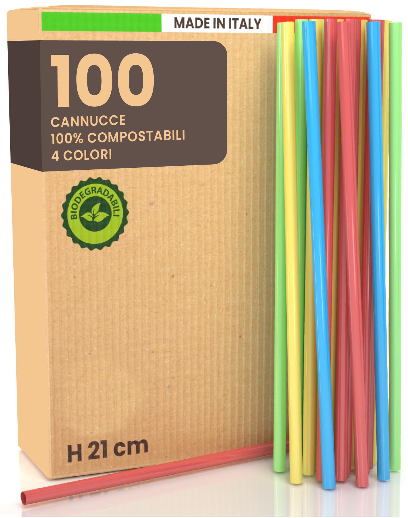 100 bunte Trinkhalme, 100 % umweltfreundlich, wiederverwendbar für Cocktails, 21 cm x 6,8 mm, biologisch abbaubar, kompostierbar, hergestellt in Italien, für Getränke, Events, Partys