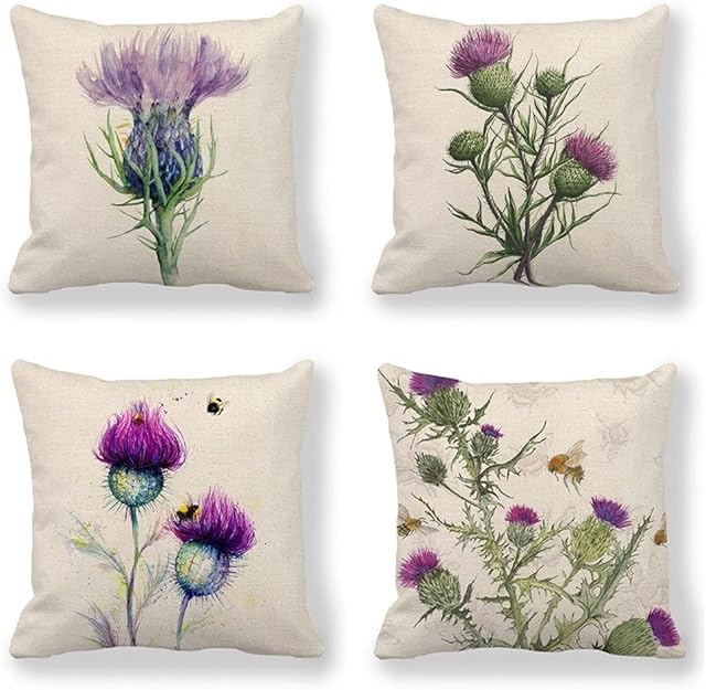 flower Cushion Cover Purple Thistle Flower Painting pillowcase Nature Drawing Ink Garden Health Decor Cushion Case Garden outdoor bench Throw Pillow Covers bee Cushions Couch 45 x 45cm set of 4